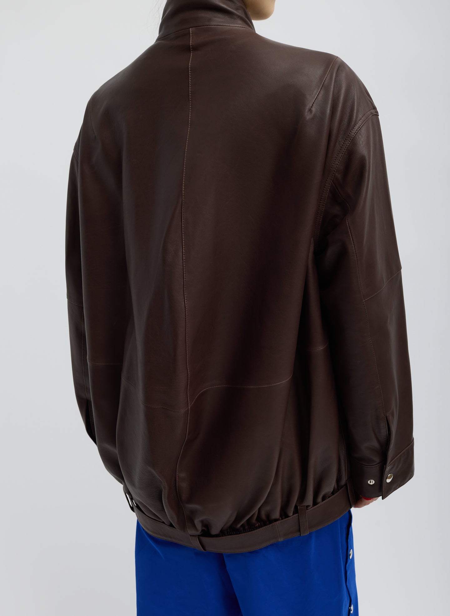 Brown Leather Moto Bomber - back view on model
