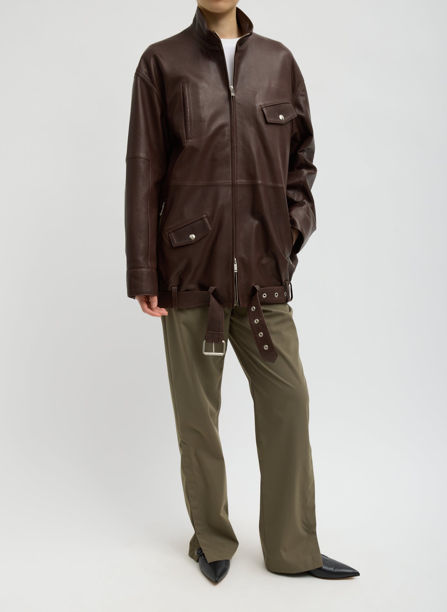 Brown Leather Moto Bomber - full look, front view on model