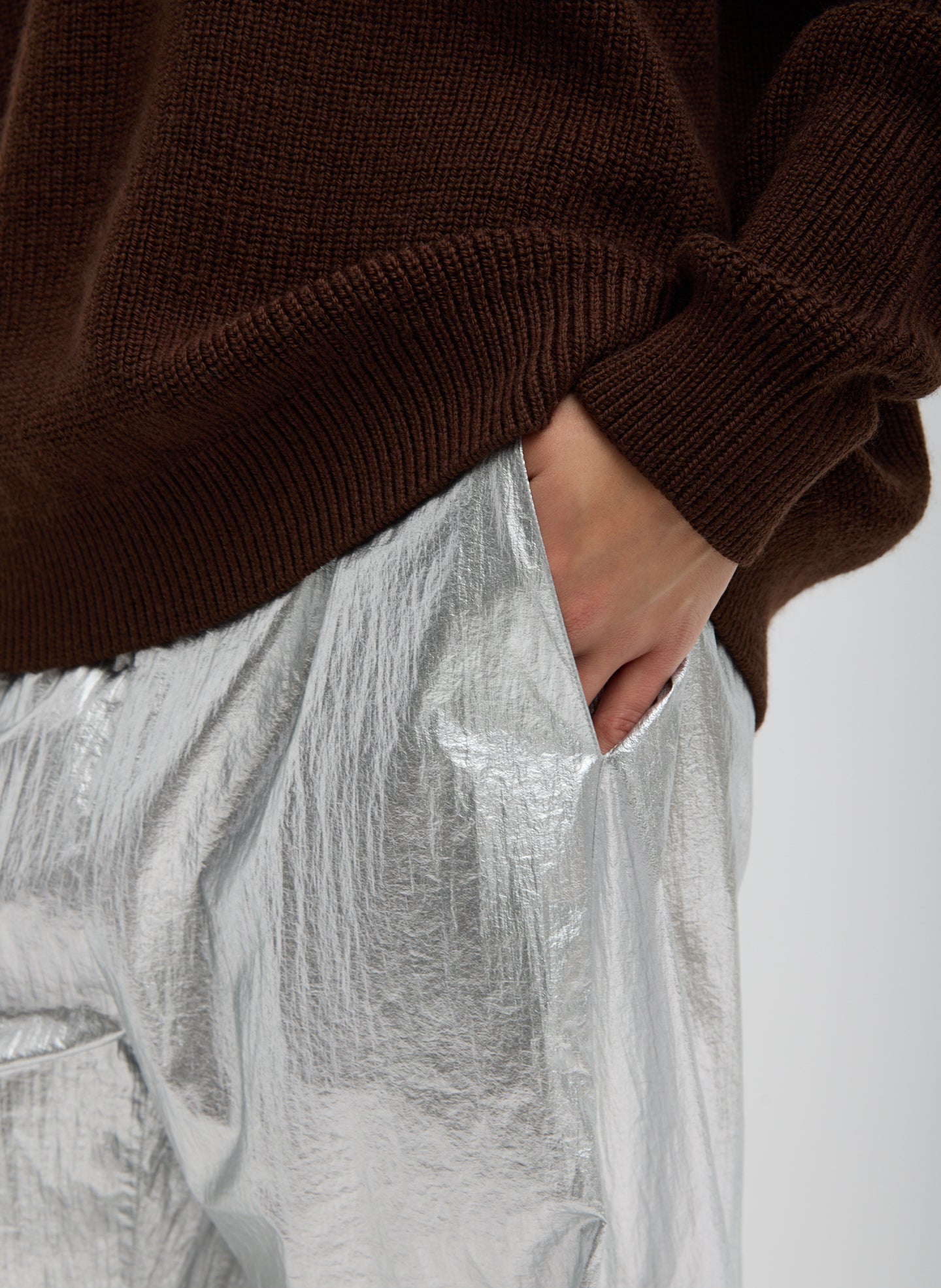Silver Metallic Nylon Winslow Pant - closeup of side pocket detail
