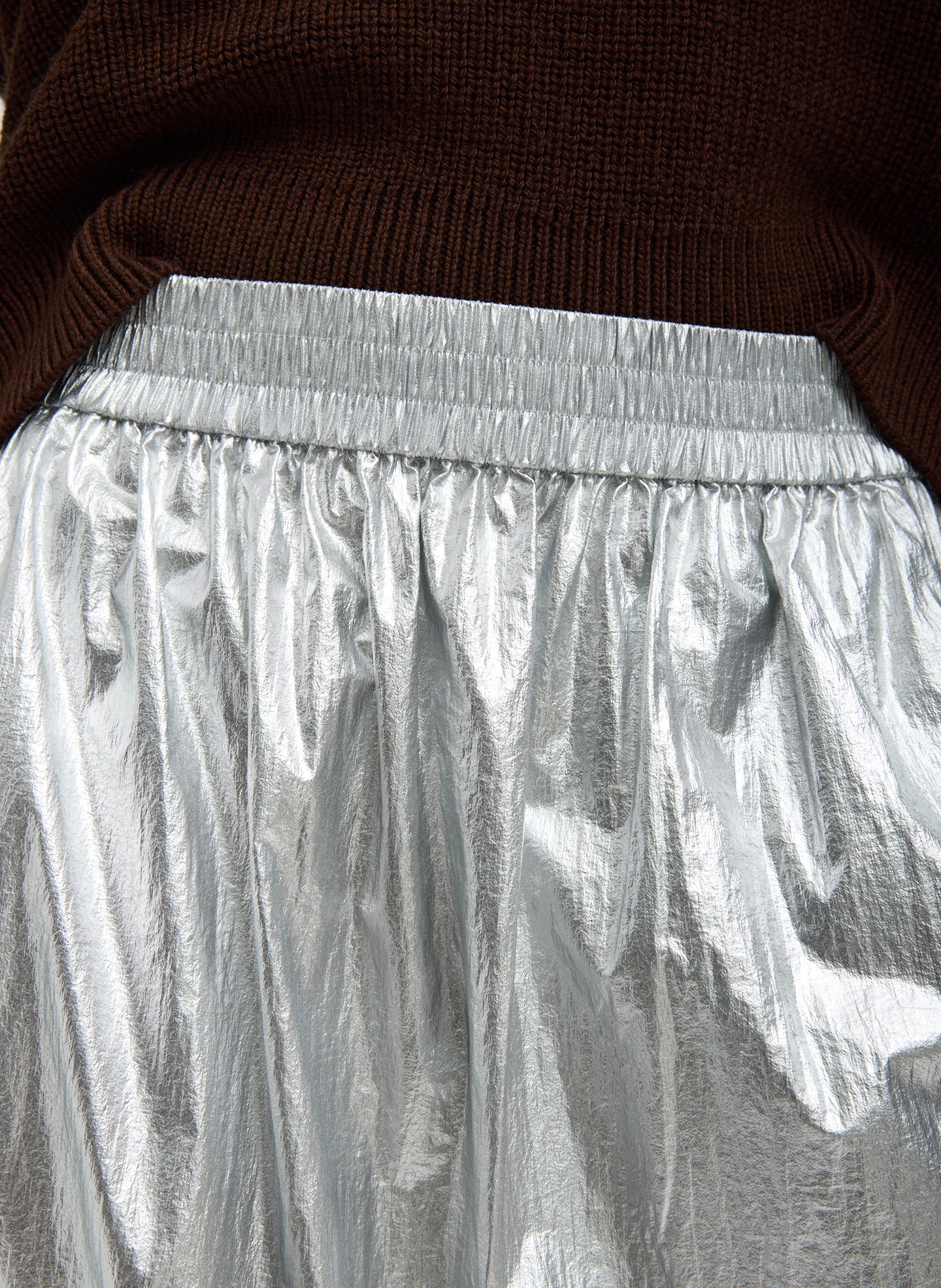 Silver Metallic Nylon Pull On Full Skirt - closeup of waistband detail