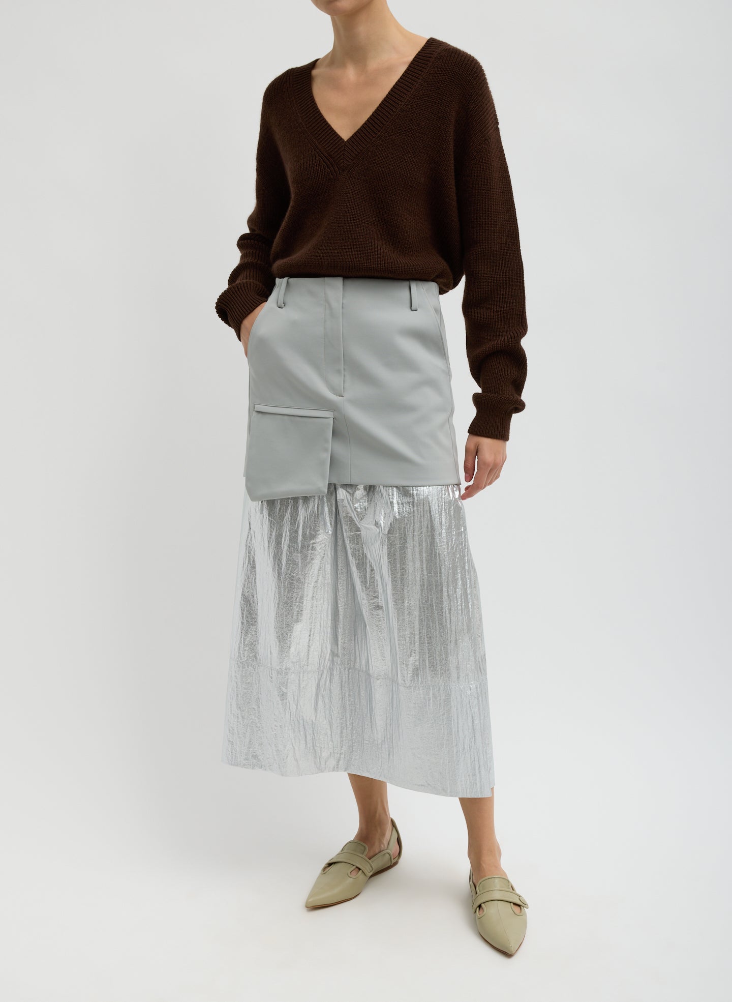 Silver Metallic Nylon Pull On Full Skirt - full look, front view on model