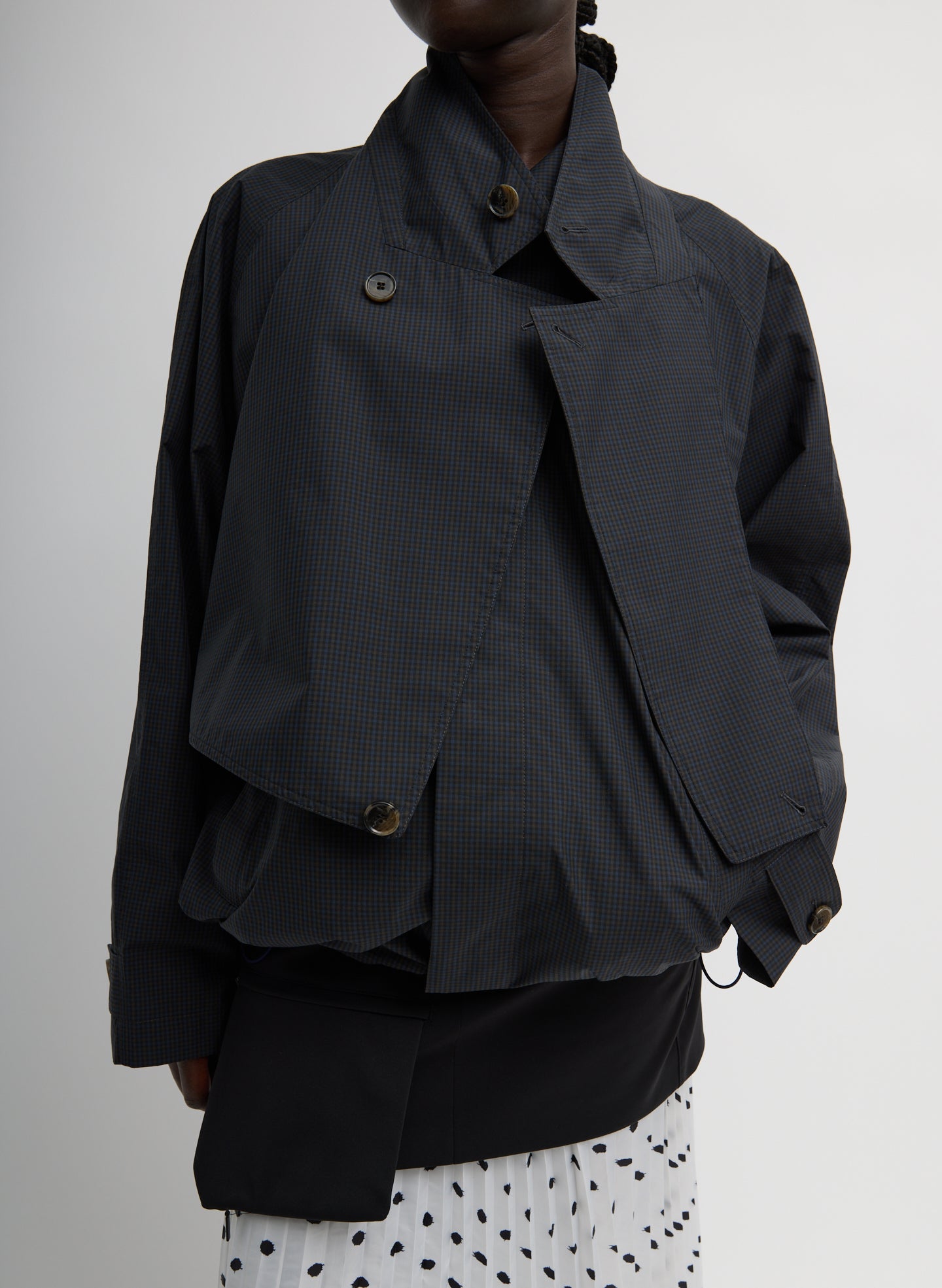 Navy Multi Charles Menswear Trench Anorak - patterned nylon, front view on model