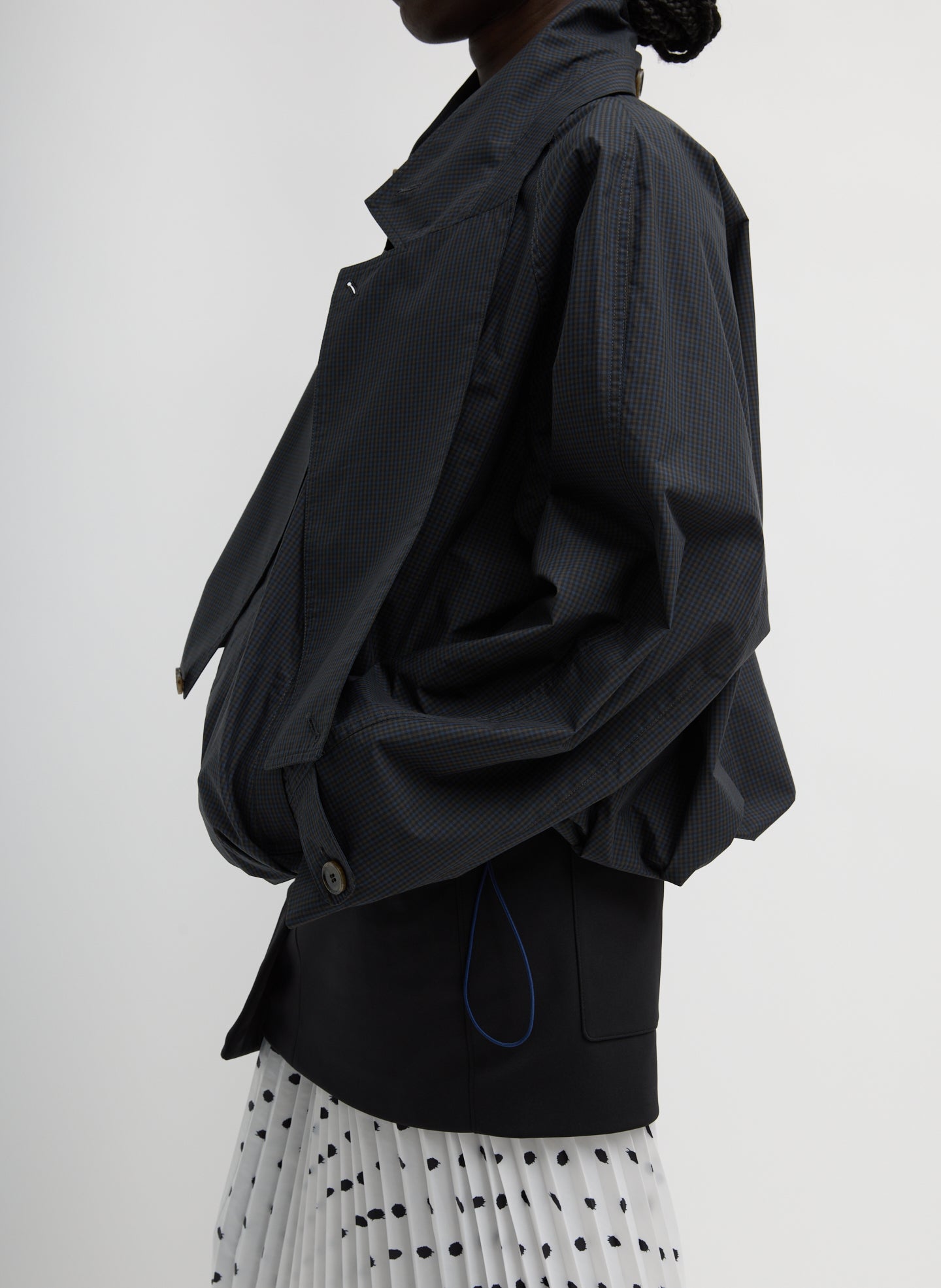 Navy Multi Charles Menswear Trench Anorak - patterned nylon, side view on model