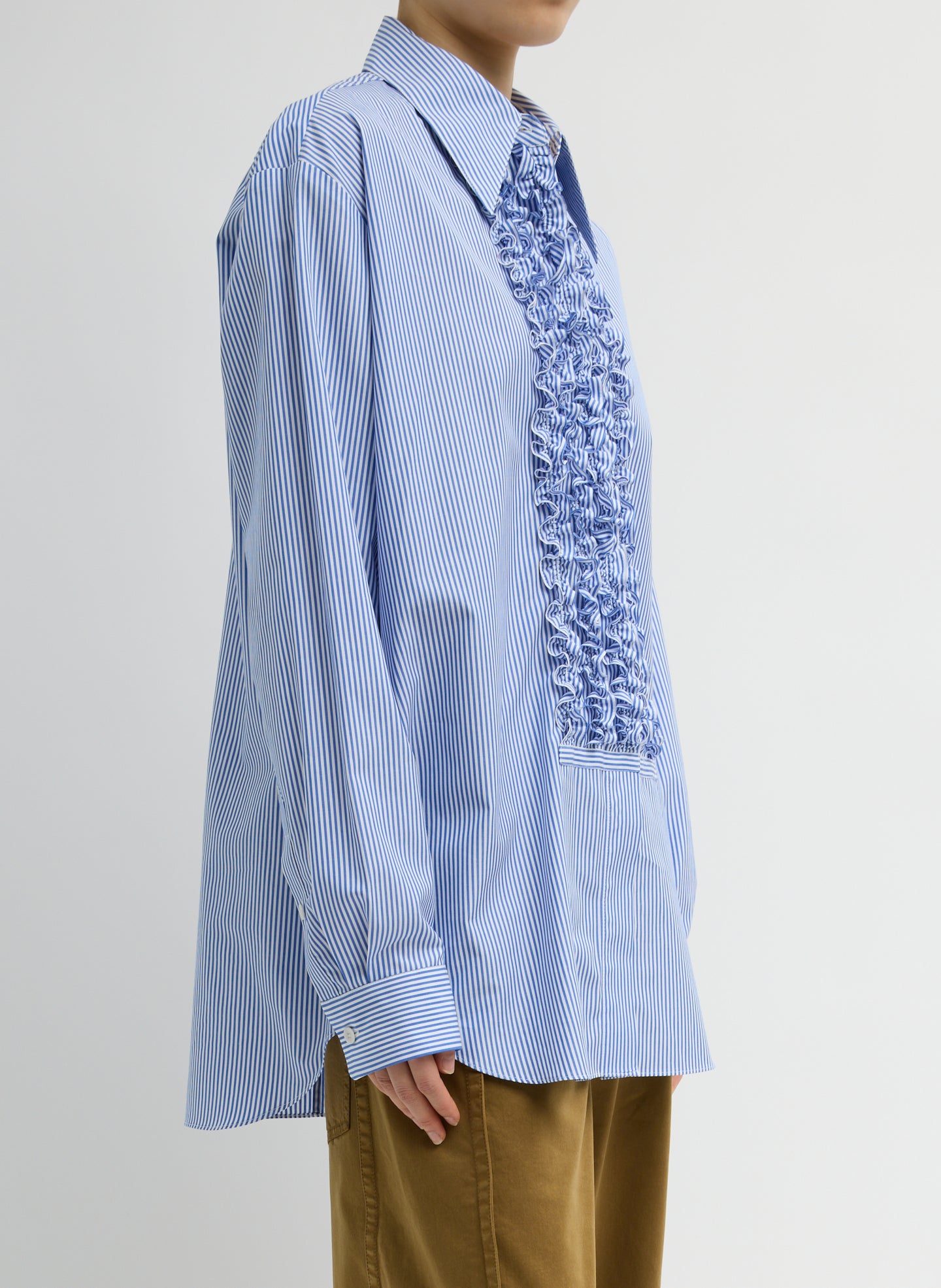 Blue Striped Shirting Easy Tuxedo Shirt - button down, side view on model