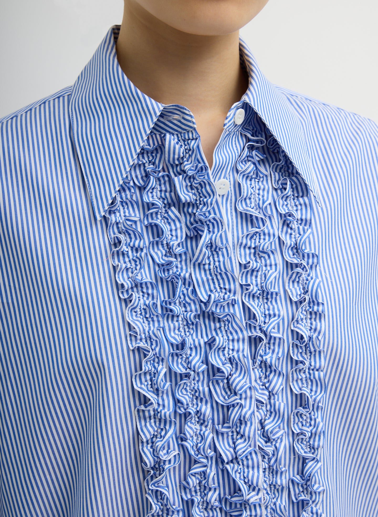 Blue Striped Shirting Easy Tuxedo Shirt - closeup of ruffled details at front