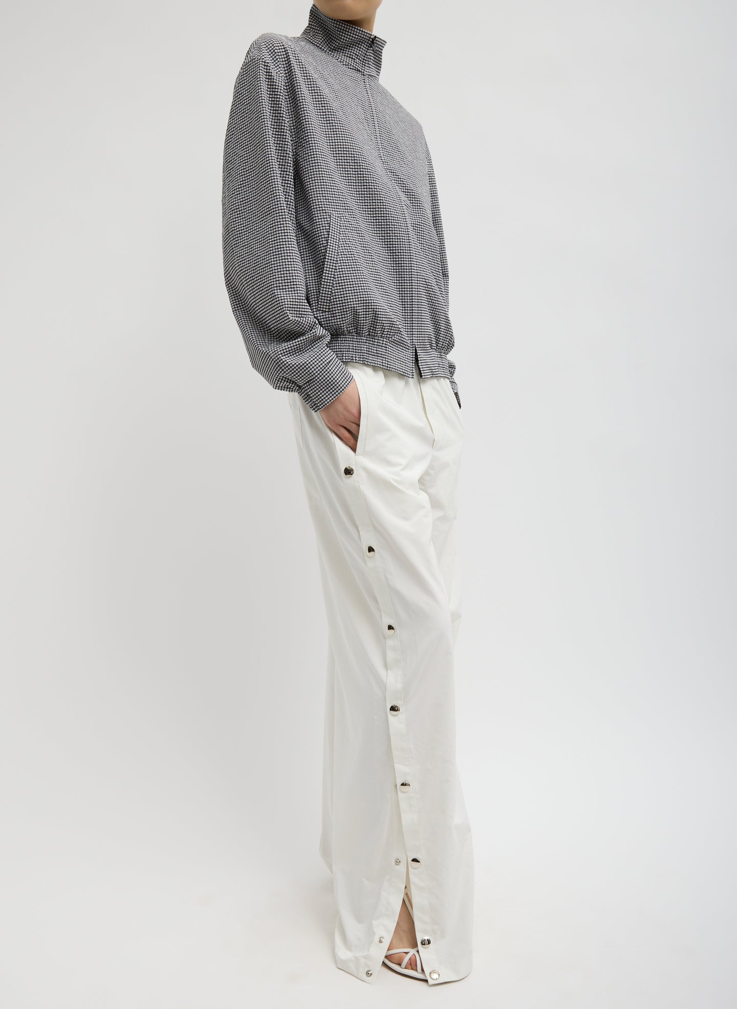 White Nylon Snap Pull On Jogger - side view on model