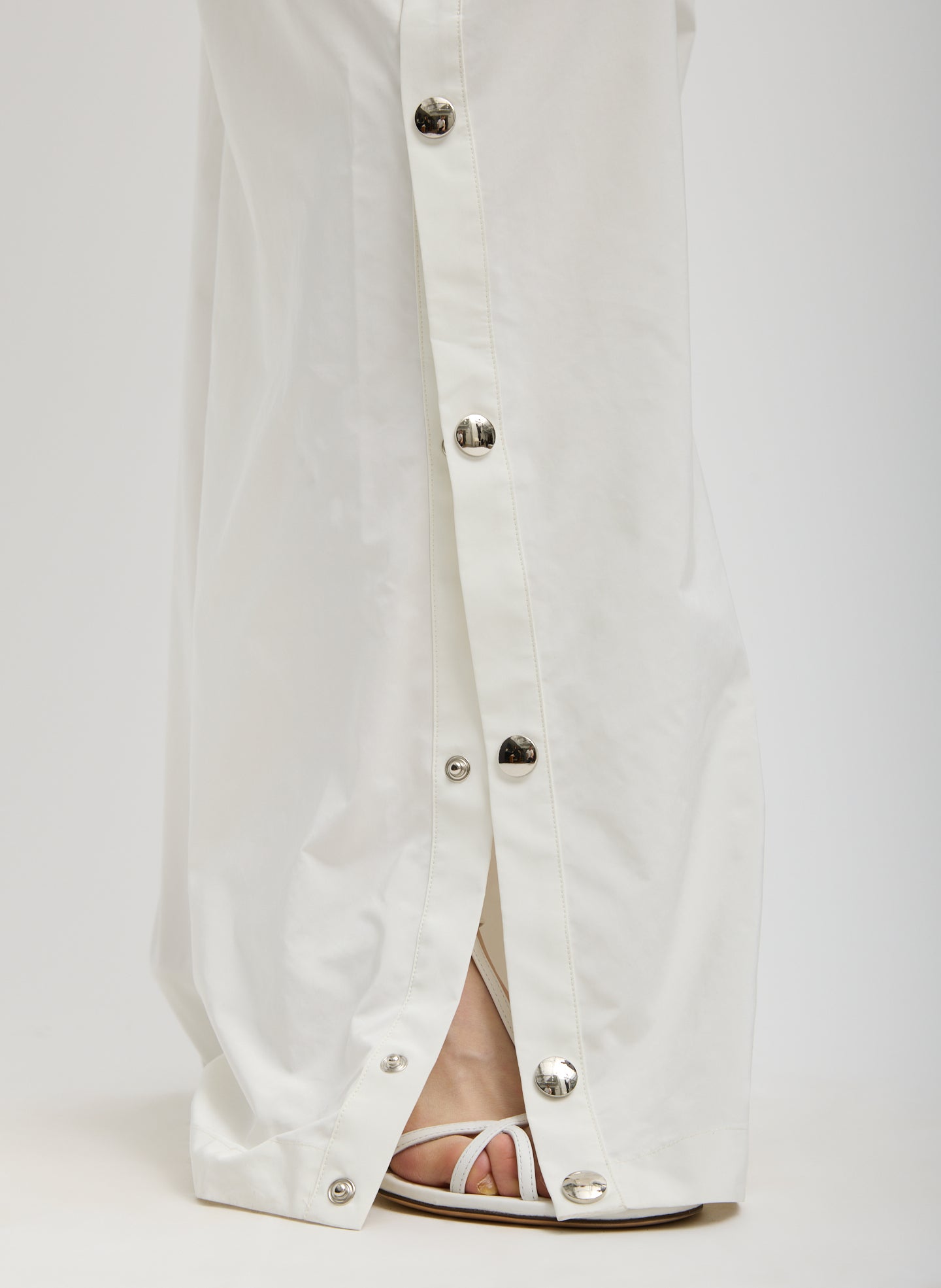 White Nylon Snap Pull On Jogger -closeup of snap details at hem