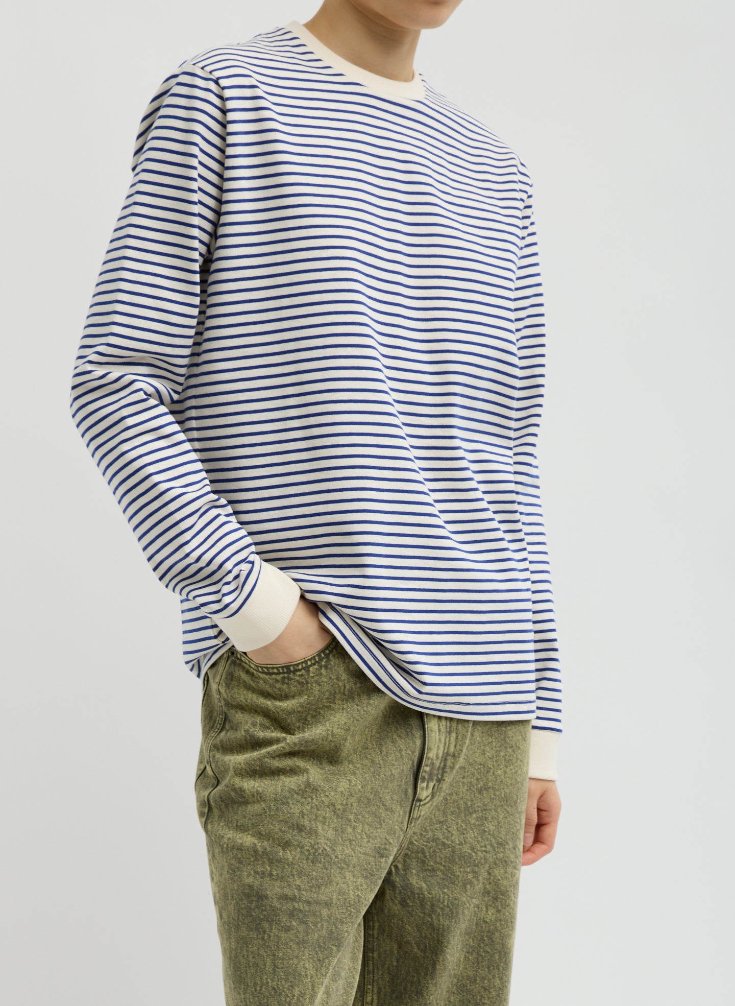 Blue and White Striped Perfect Unisex Long Sleeve T-Shirt - side view on model