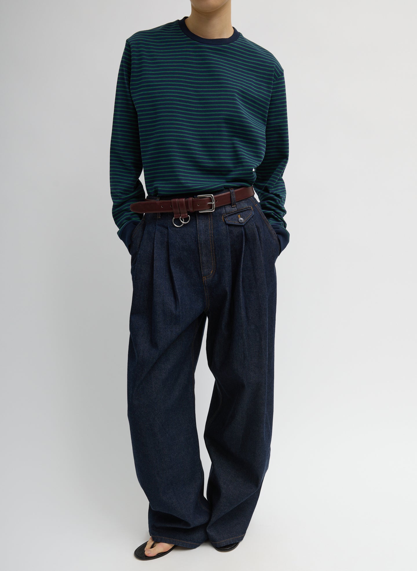 Navy and Green Striped Perfect Unisex Long Sleeve T-Shirt - full look, front view on model