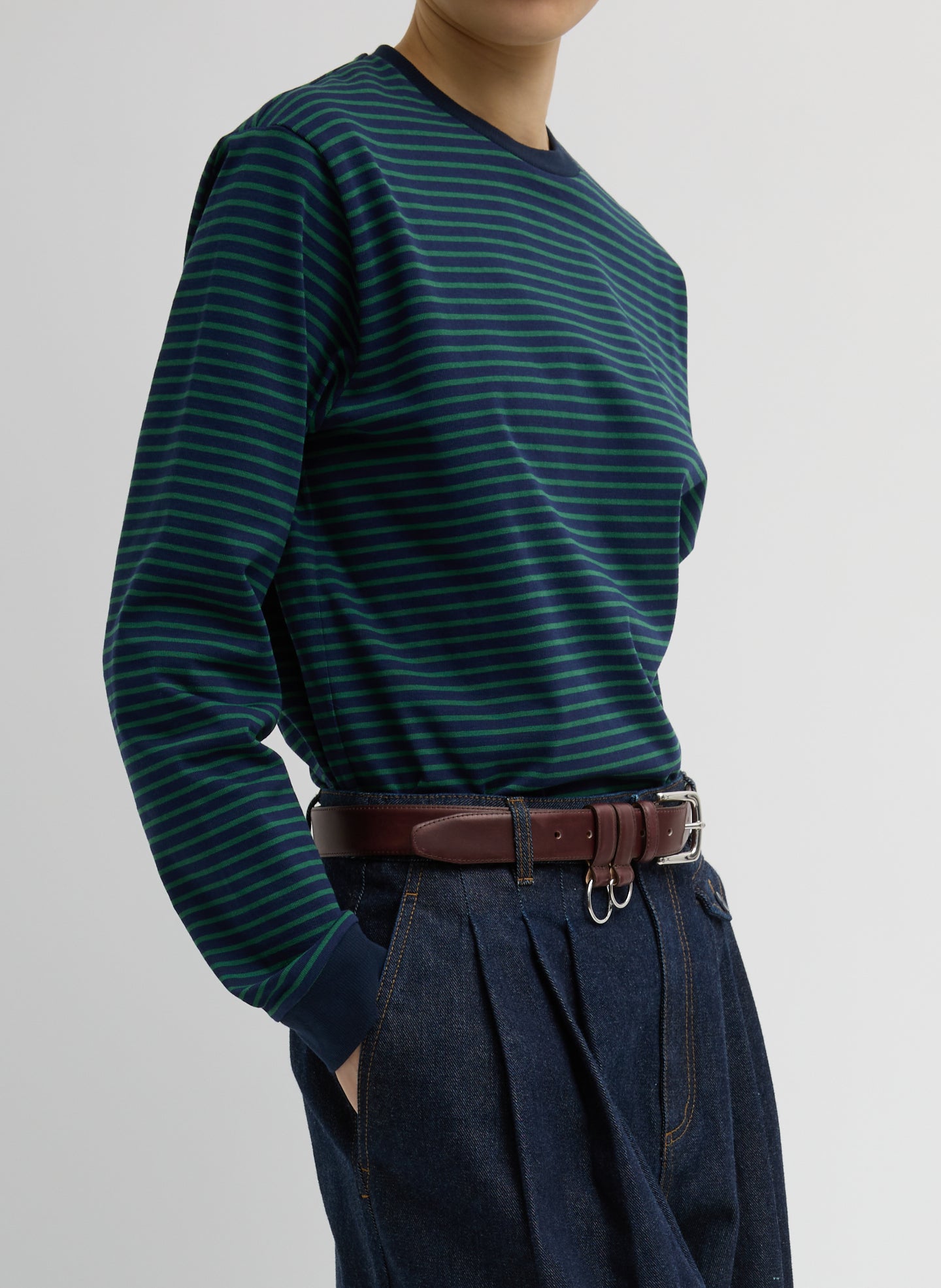 Navy and Green Striped Perfect Unisex Long Sleeve T-Shirt - side view on model