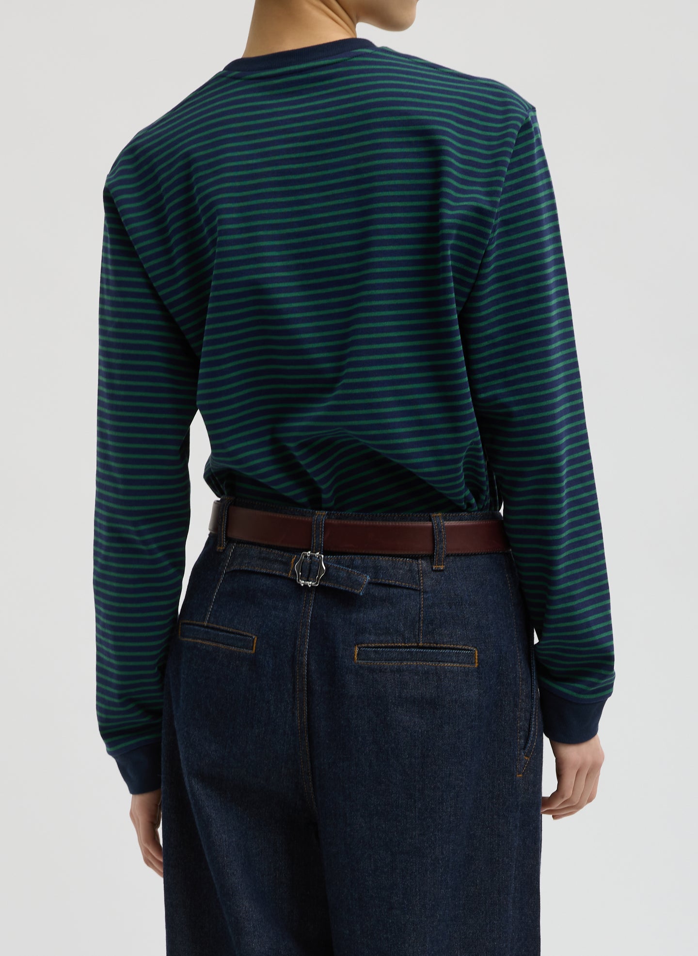 Navy and Green Striped Perfect Unisex Long Sleeve T-Shirt - back view on model