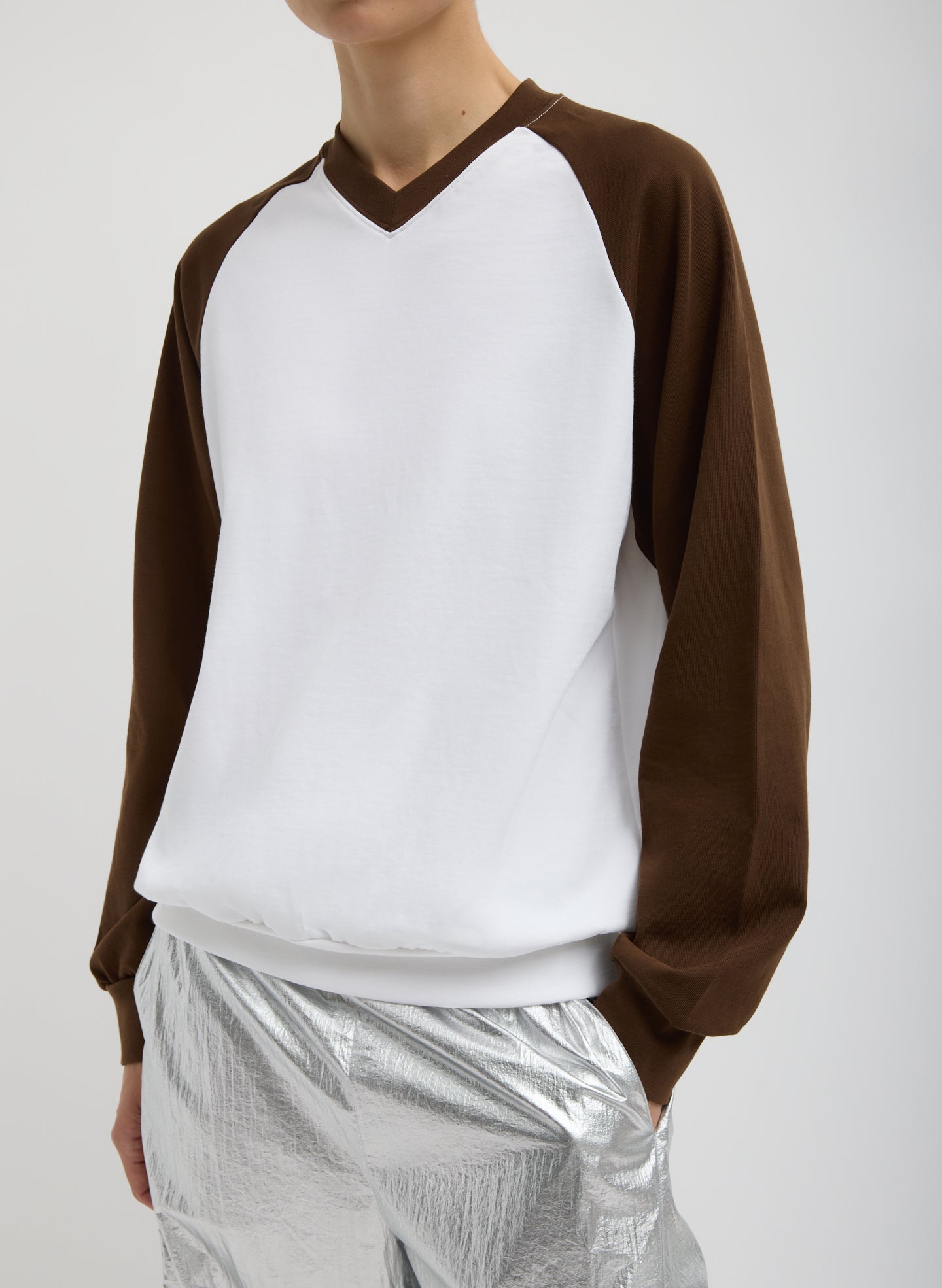 Brown Multi Perfect T-Shirt Vintage Sweatshirt - two-tone v-neck sweatshirt, front view on model