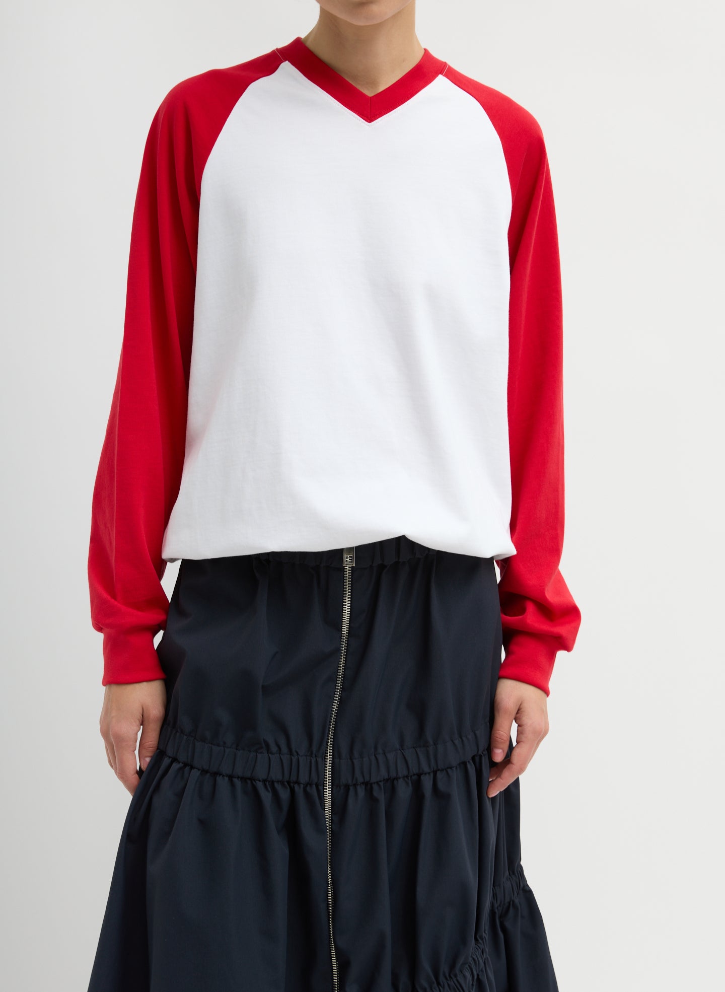 Red Perfect T-Shirt Vintage Sweatshirt - two-tone v-neck sweatshirt, front view on model