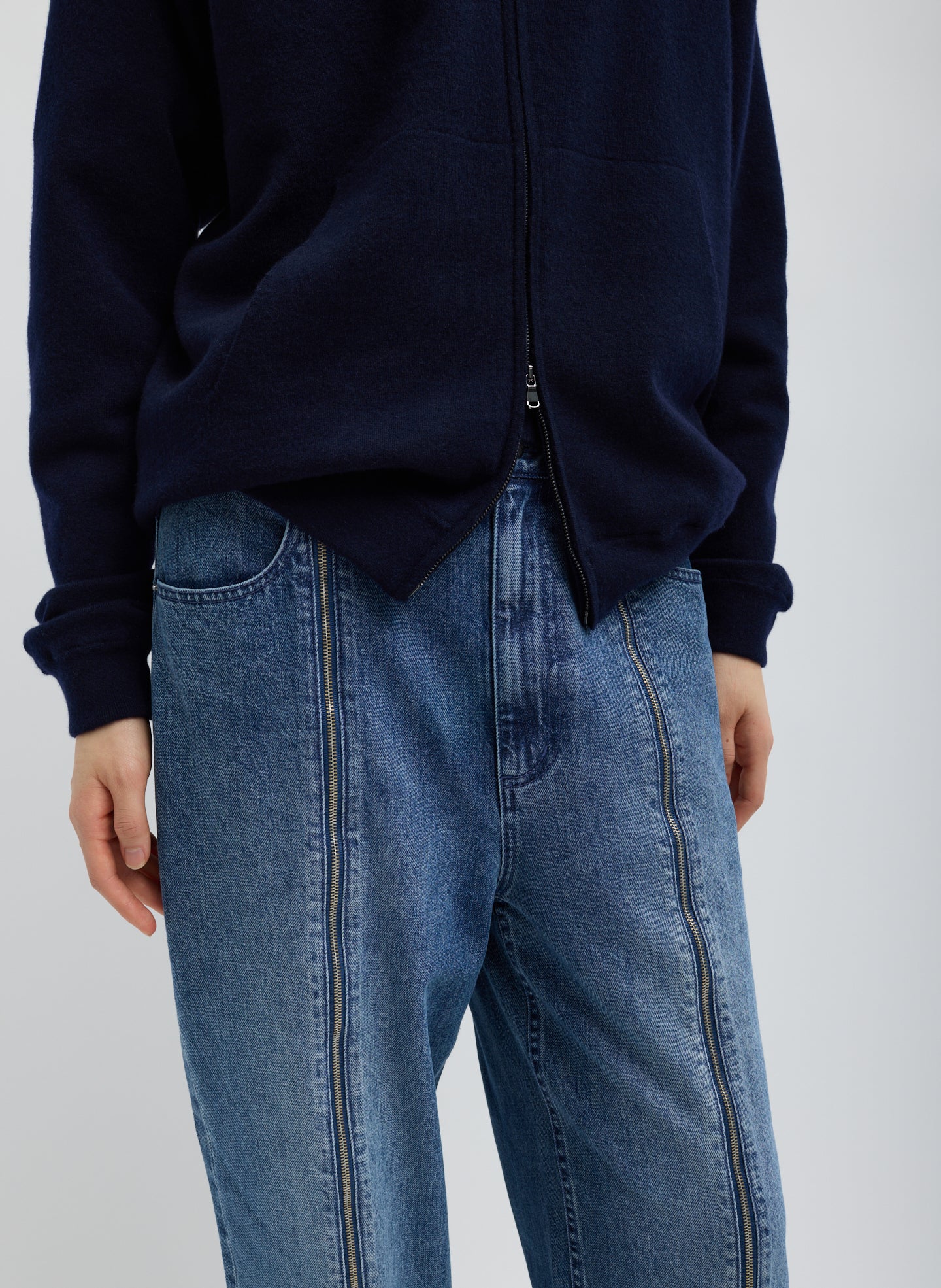 Classic Blue Zippered Denim Jogger - closeup of zipper details at front