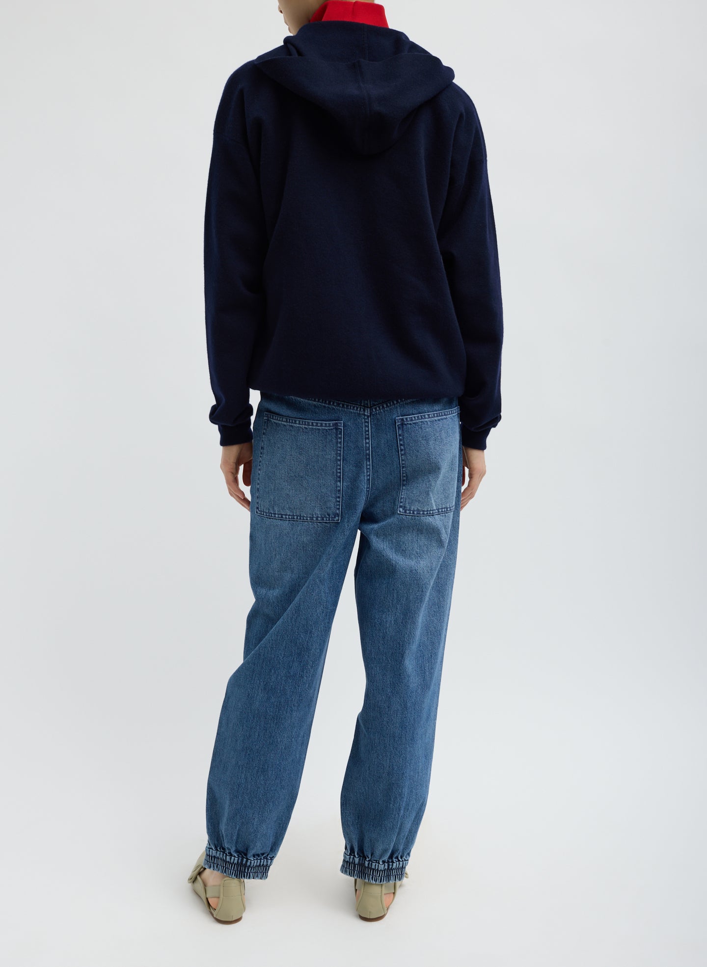 Classic Blue Zippered Denim Jogger - back view on model