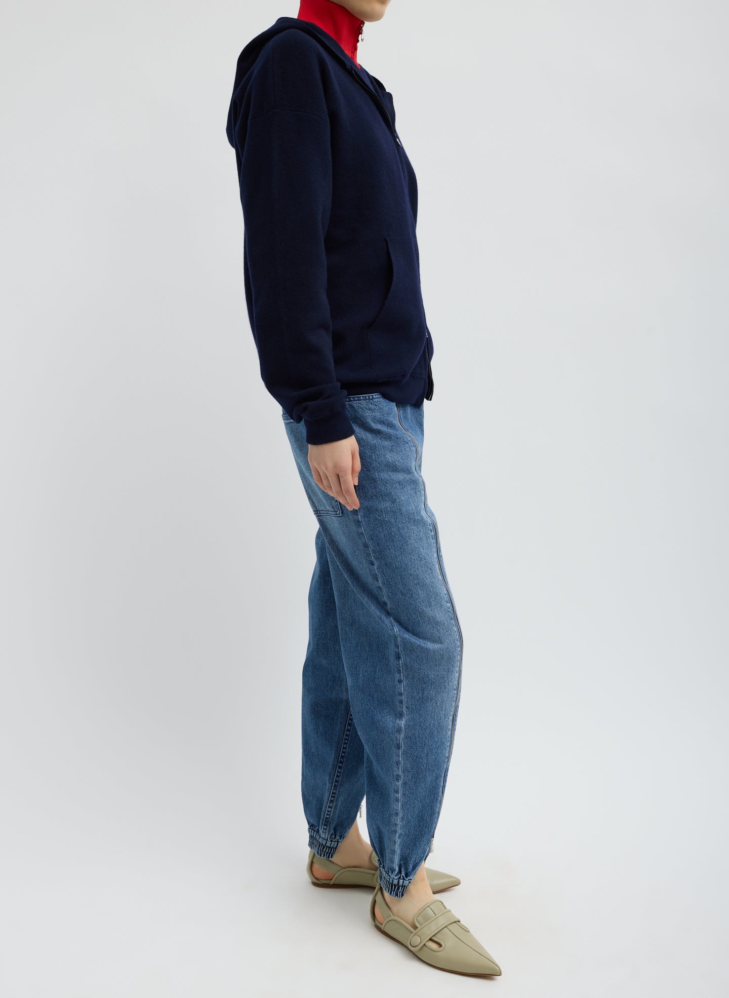 Classic Blue Zippered Denim Jogger - side view on model