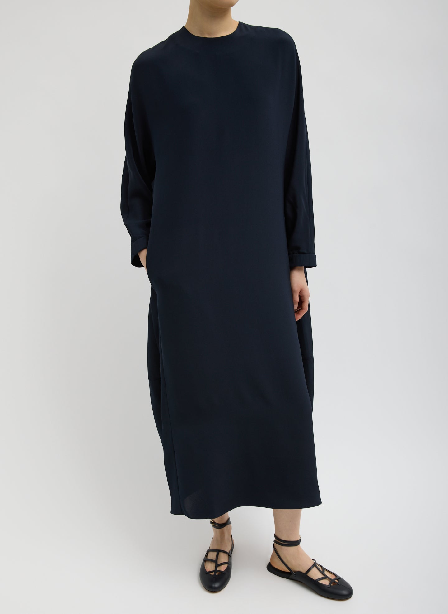 Dark Navy 4-Ply Silk Long Sleeve Cocoon Dress - silk midi dress, front view on model