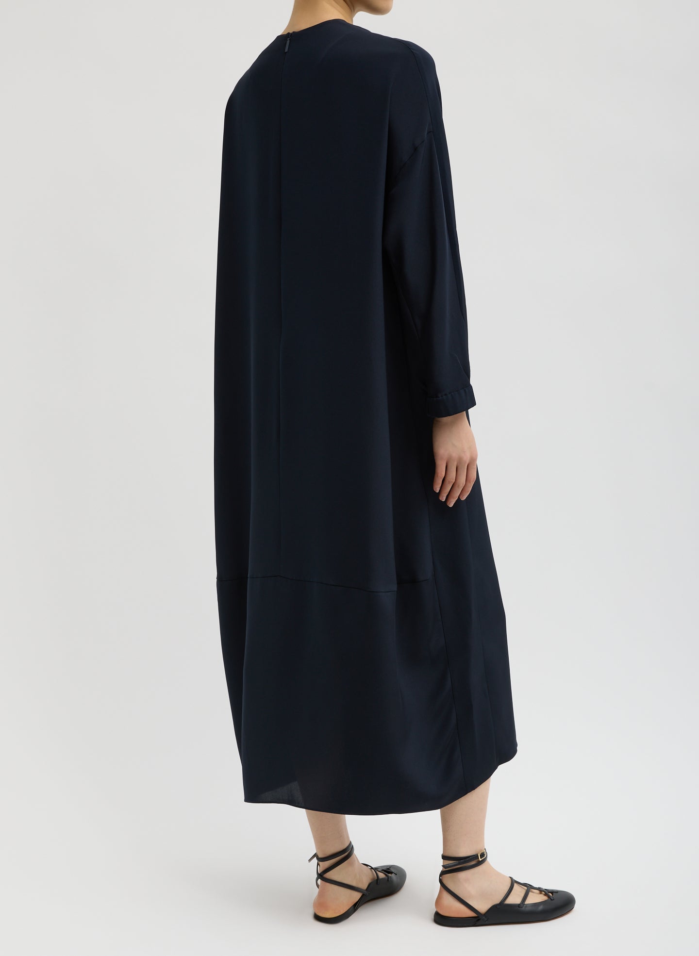 Dark Navy 4-Ply Silk Long Sleeve Cocoon Dress - silk midi dress, back view on model