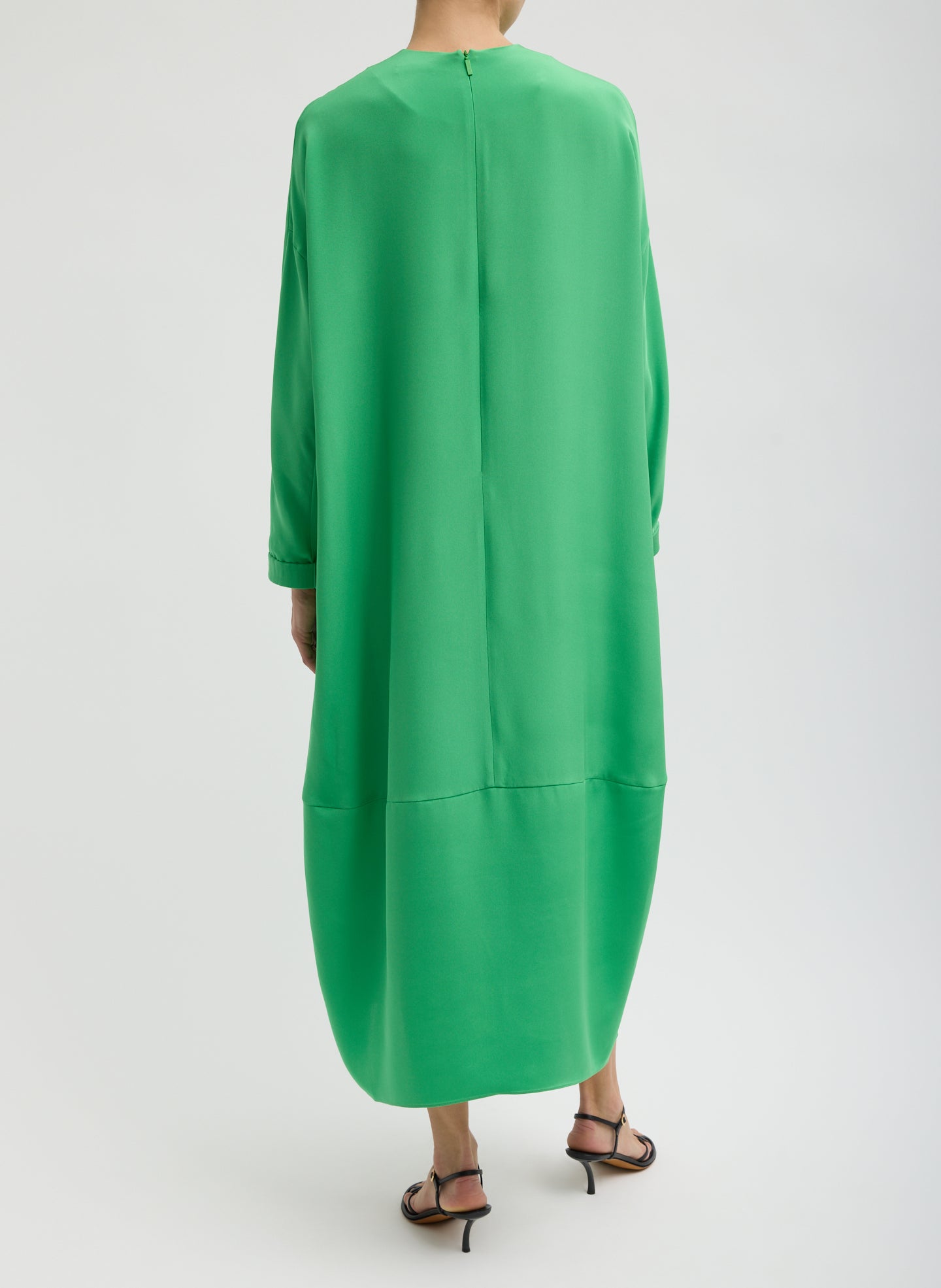 Bright Green 4-Ply Silk Long Sleeve Cocoon Dress - silk midi dress, back view on model