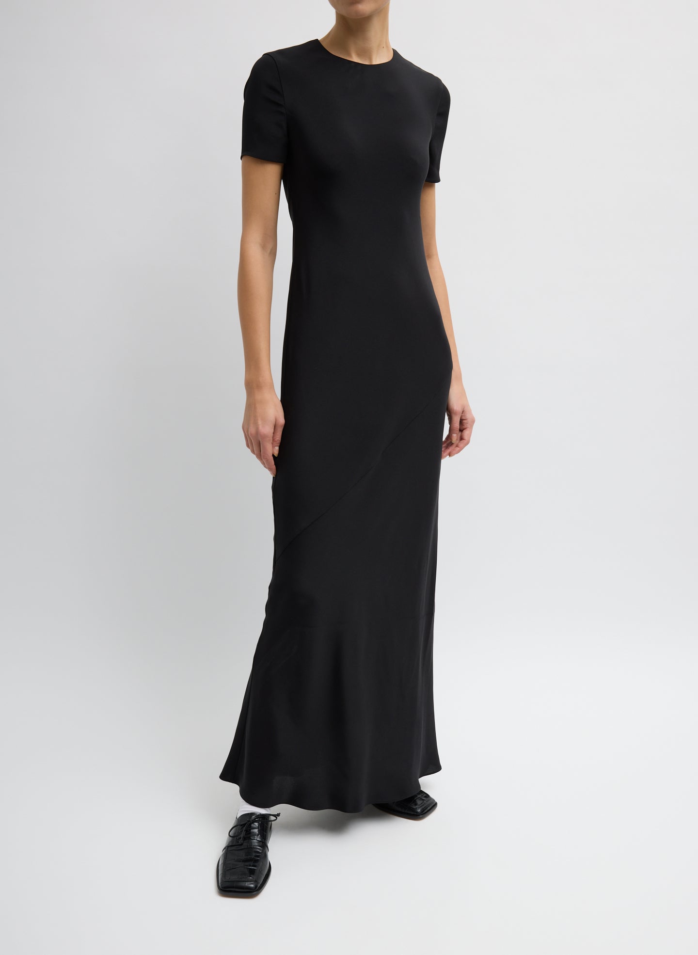 Black 4-Ply Silk Bias Dress - short sleeve maxi dress, front view on model
