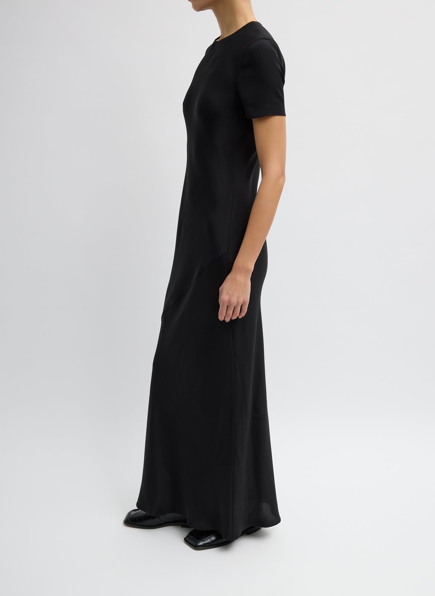 Black 4-Ply Silk Bias Dress - short sleeve maxi dress, side view on model