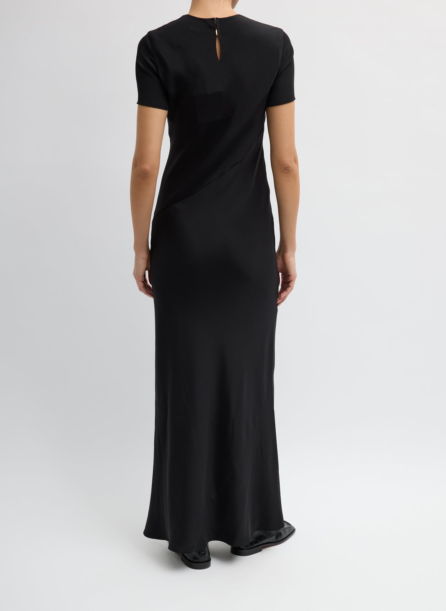 Black 4-Ply Silk Bias Dress - short sleeve maxi dress, back view on model
