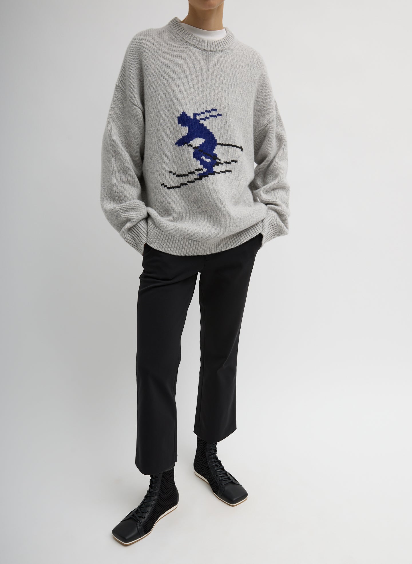 Heather Grey Multi Soft Wool Ski Easy Pullover Crewneck Sweater - full look, front view on model