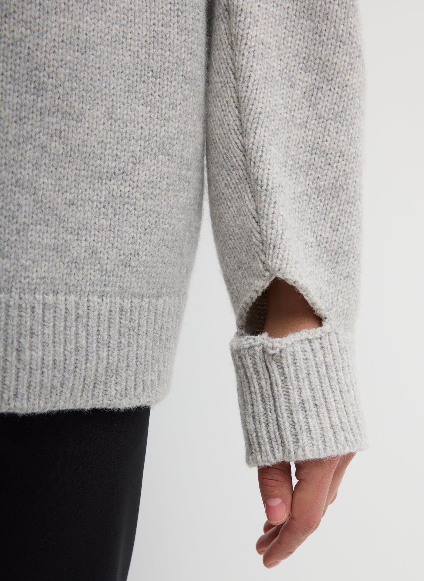Heather Grey Multi Soft Wool Ski Easy Pullover Crewneck Sweater - closeup of cutout detail at wrist