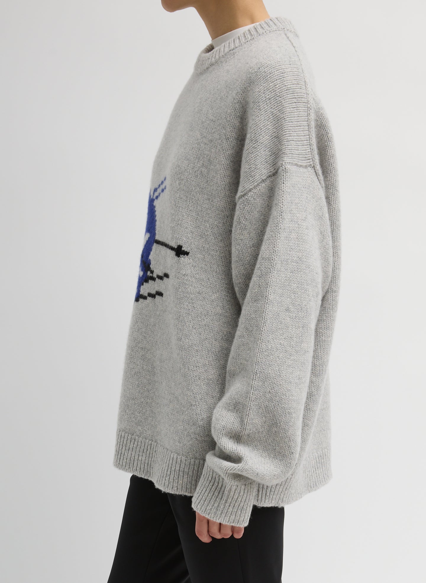 Heather Grey Multi Soft Wool Ski Easy Pullover Crewneck Sweater - side view on model