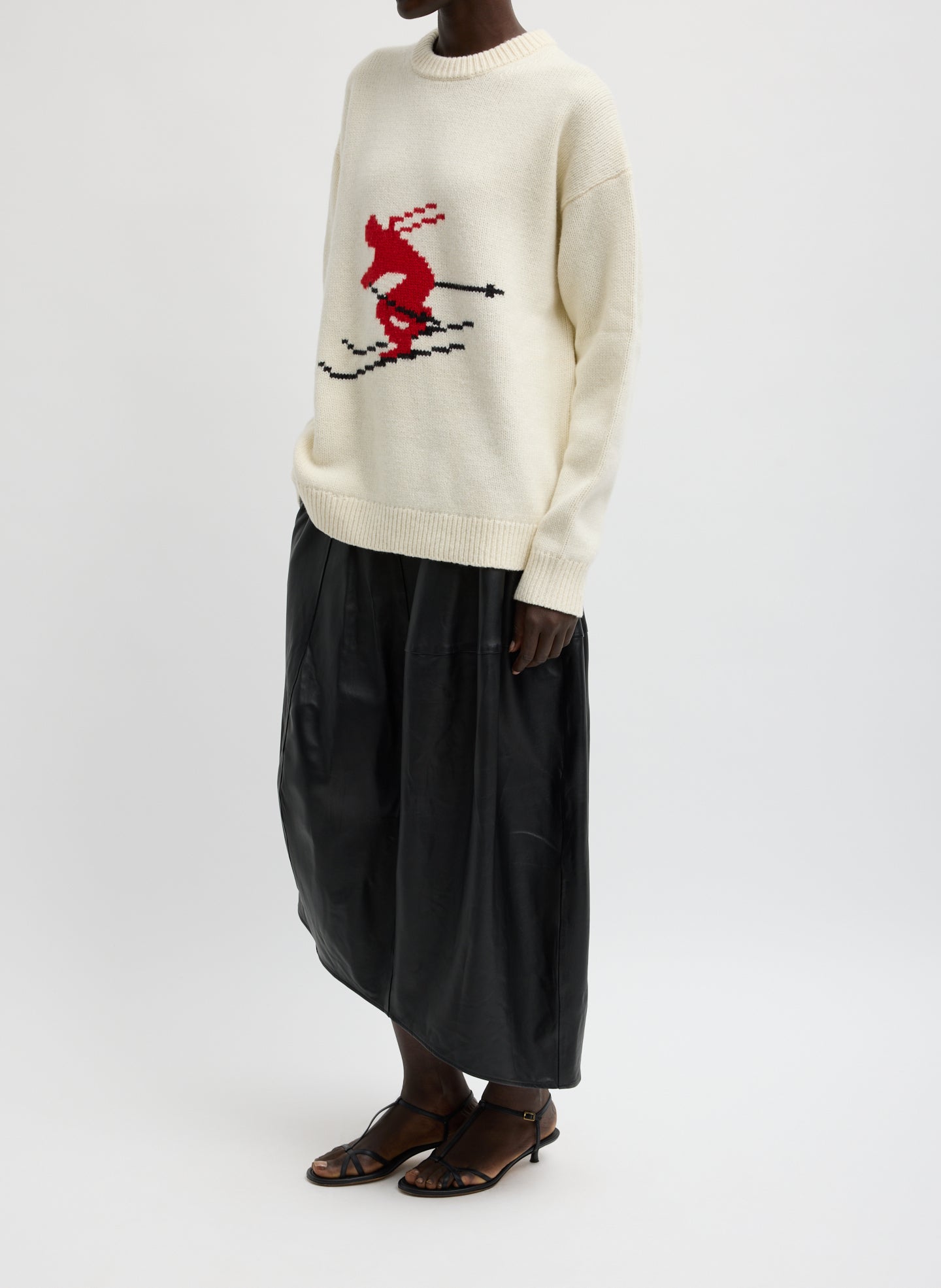 Ivory Multi Soft Wool Ski Easy Pullover Crewneck Sweater - full look, side view on model