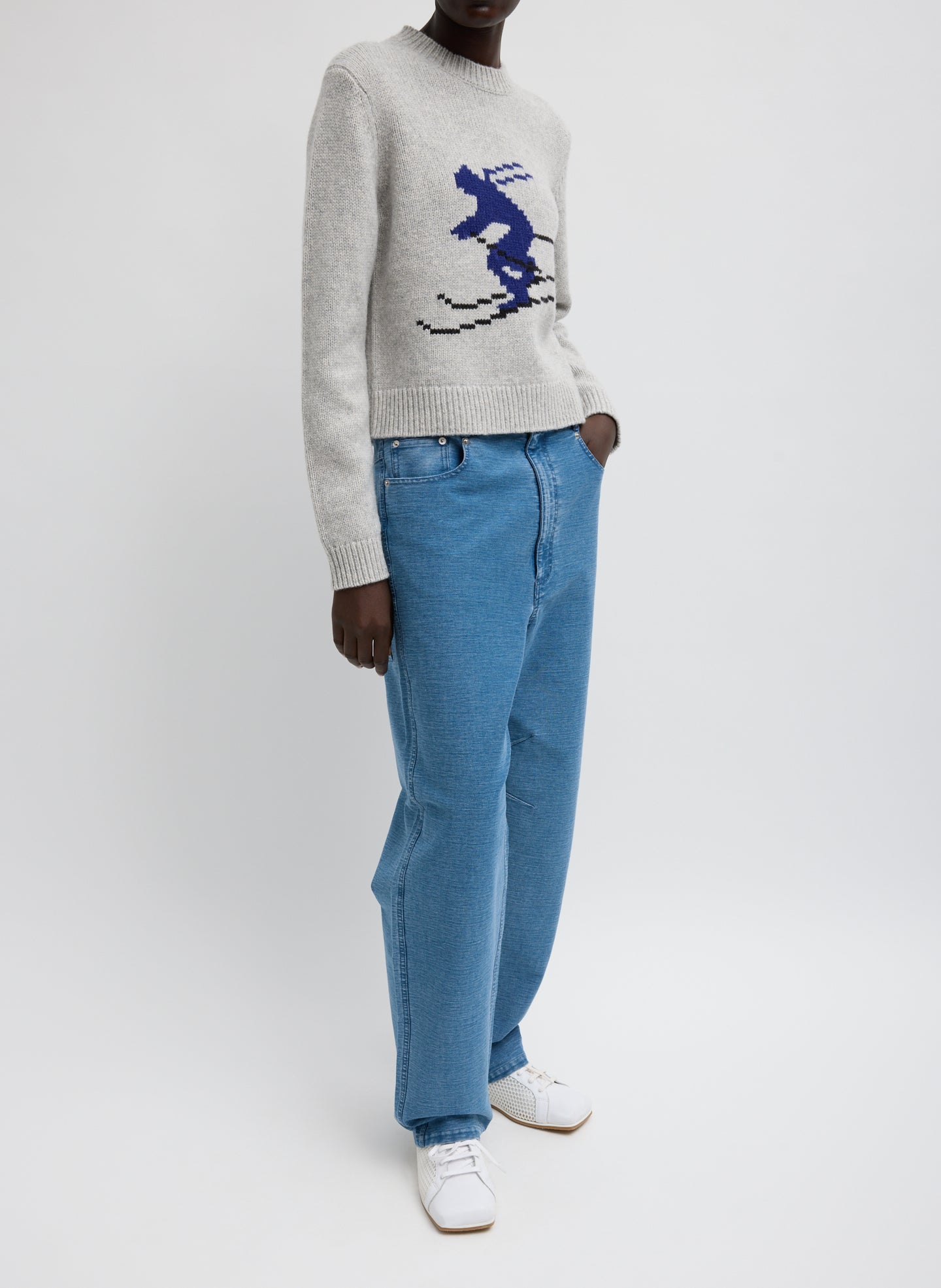 Heather Grey Multi Soft Wool Ski Shrunken Sweater - fitted sweater, side view on model