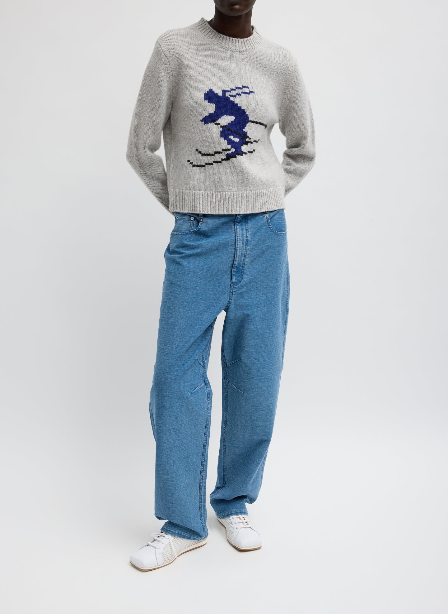 Heather Grey Multi Soft Wool Ski Shrunken Sweater - fitted sweater, front view on model