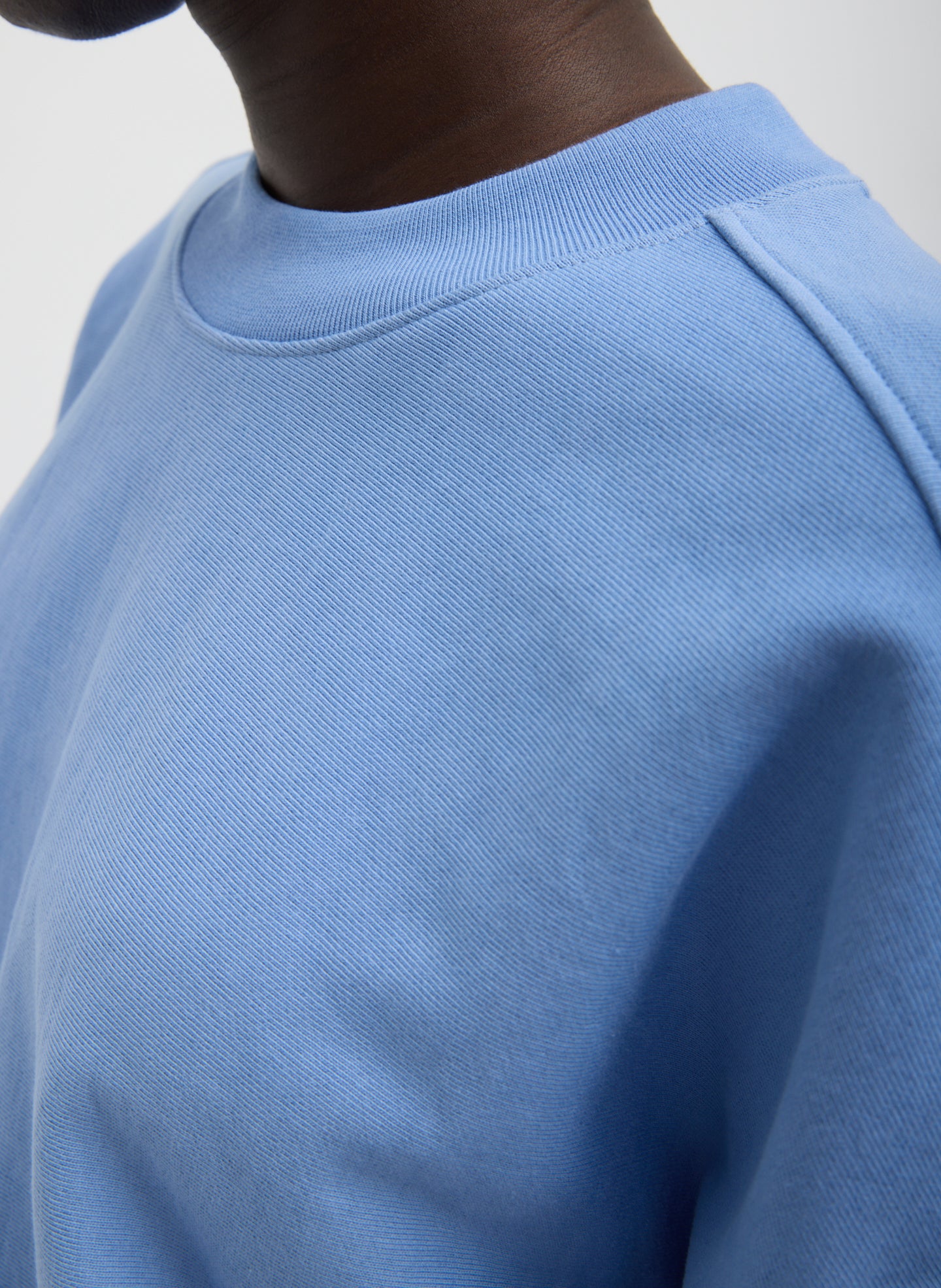 Light Blue Cocoon Crewneck Sweatshirt - closeup of neckline