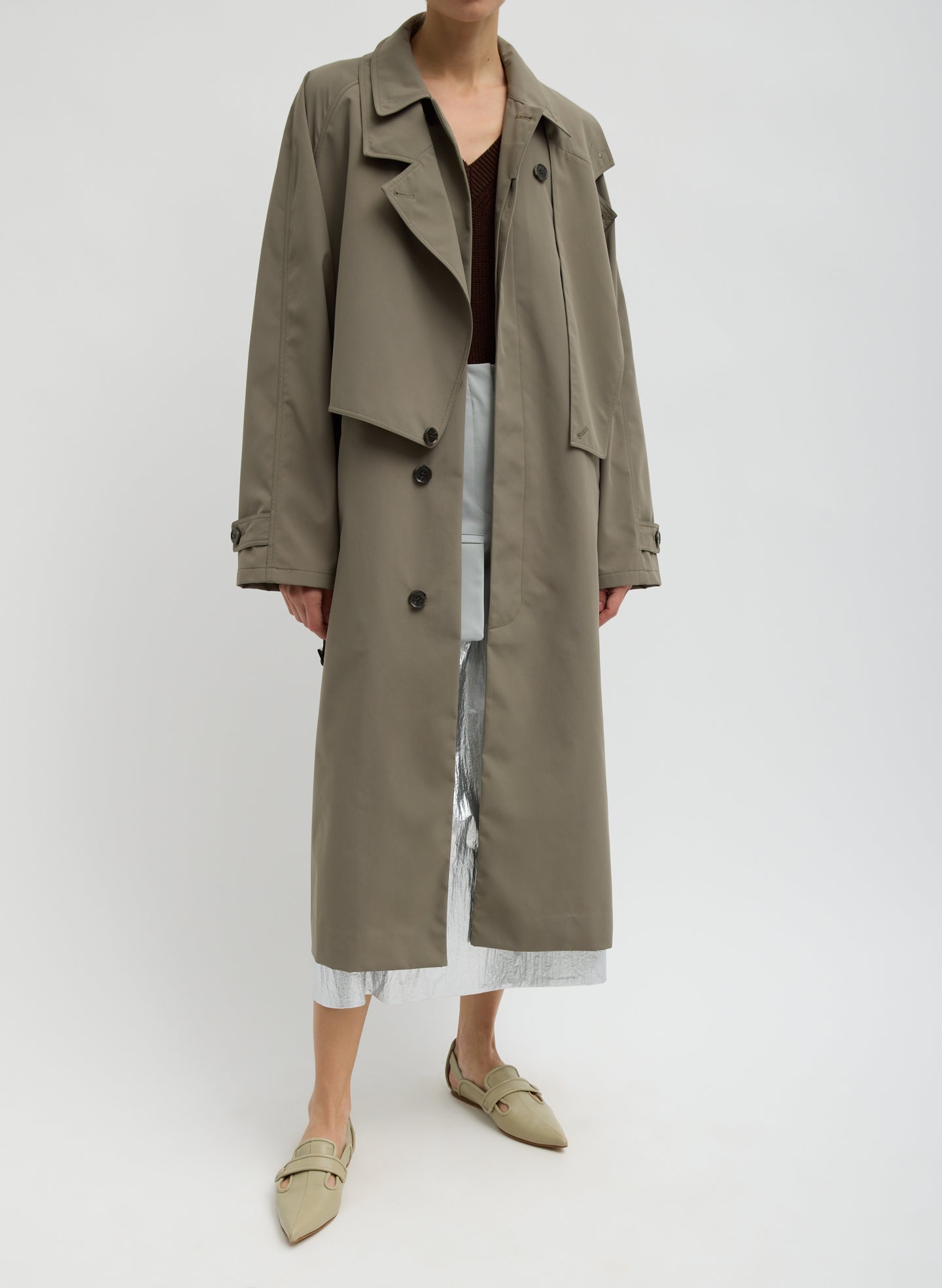 Dark Hazelnut Green Double Collar Frank Trench - trench coat, front view on model