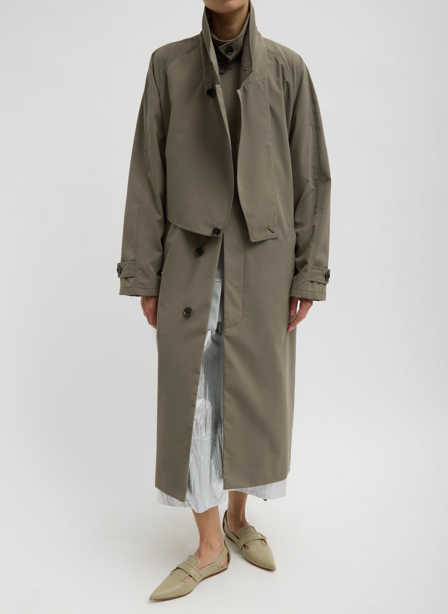 Dark Hazelnut Green Double Collar Frank Trench - trench coat, front view on model