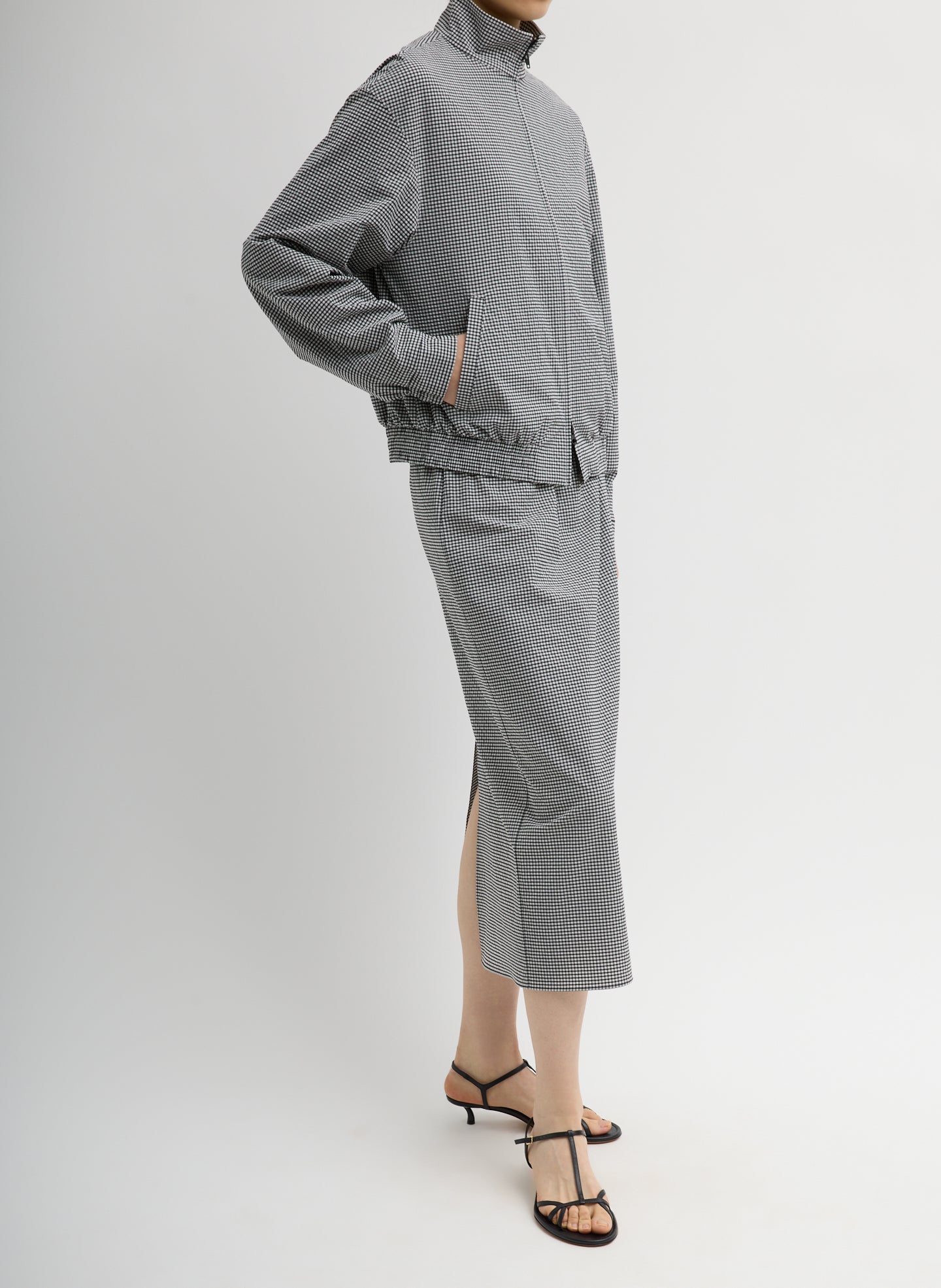 Black and White Tech Gingham Slip Skirt - midi skirt, side view on model