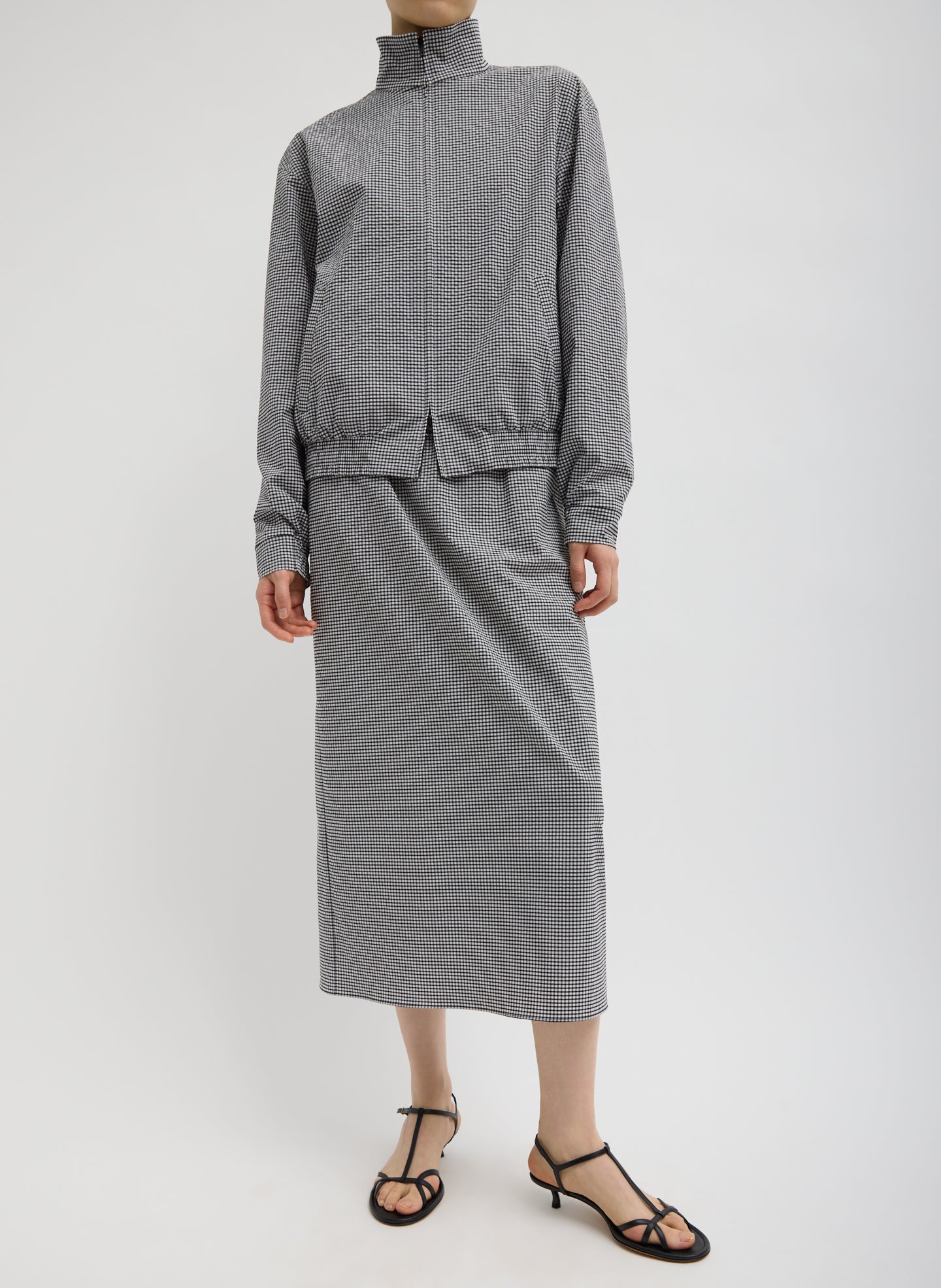 Black and White Tech Gingham Slip Skirt - midi skirt, front view on model