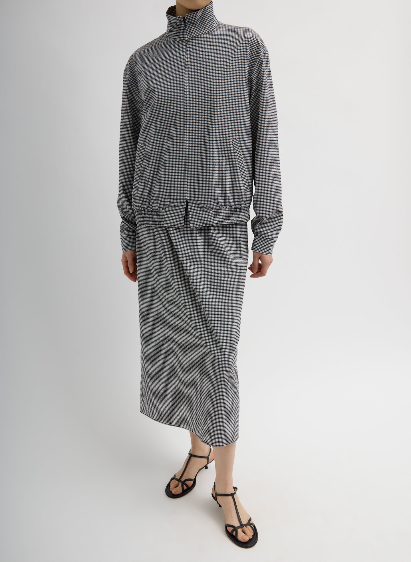 Black and White Tech Gingham Track Jacket - full look, front view on model