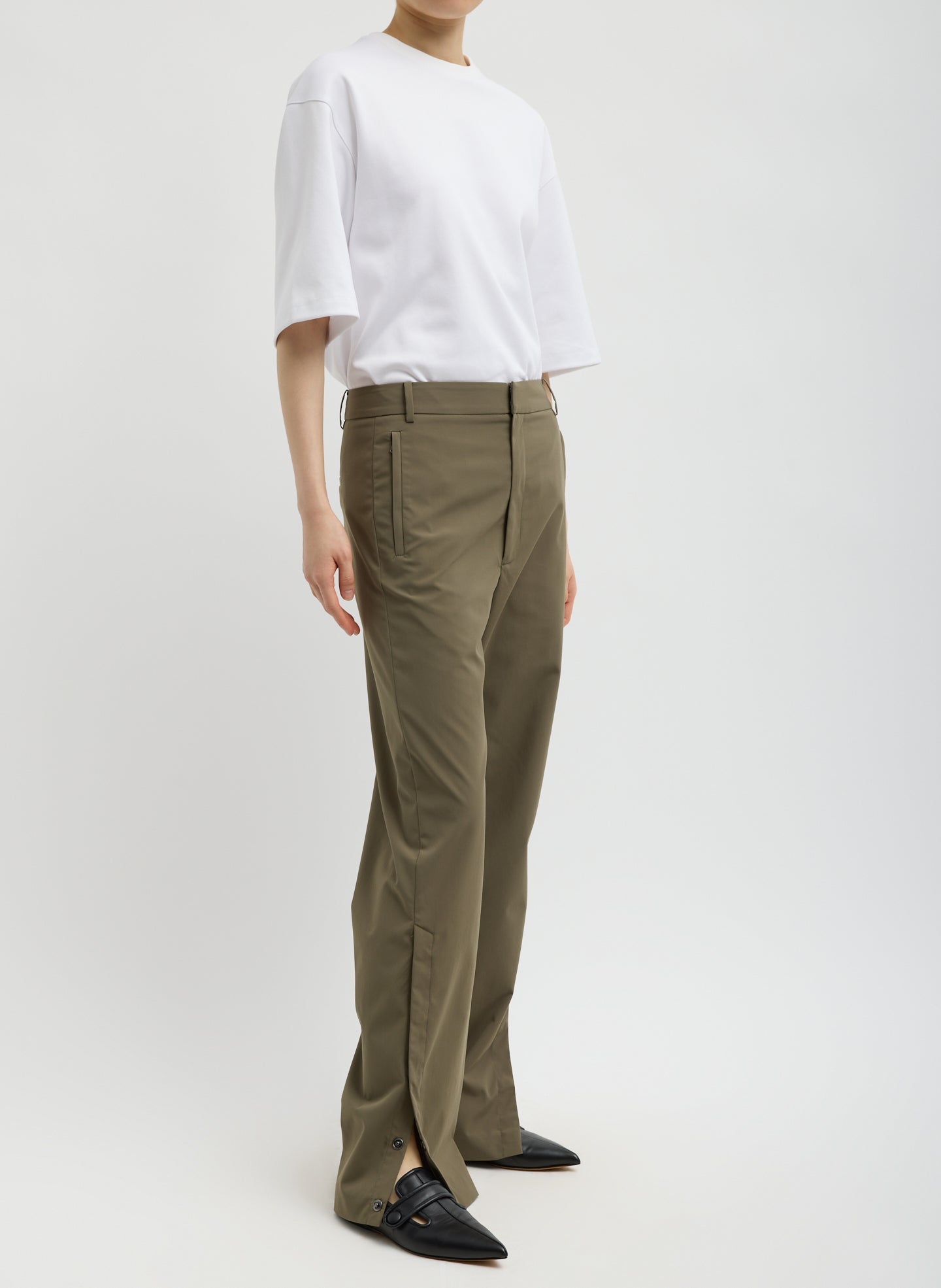 Dark Hazelnut Green Tech Suiting Mark Trouser - side view on model