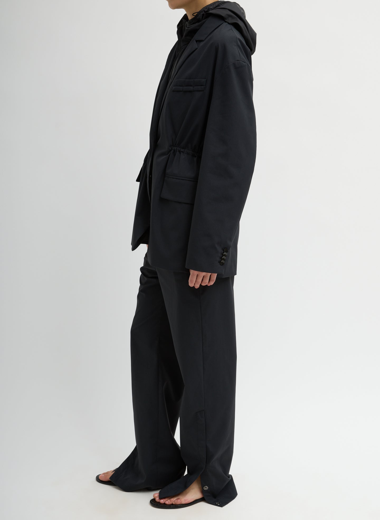 Black Tech Suiting Anorak Blazer With Zip Off Vest - full look, side view on model