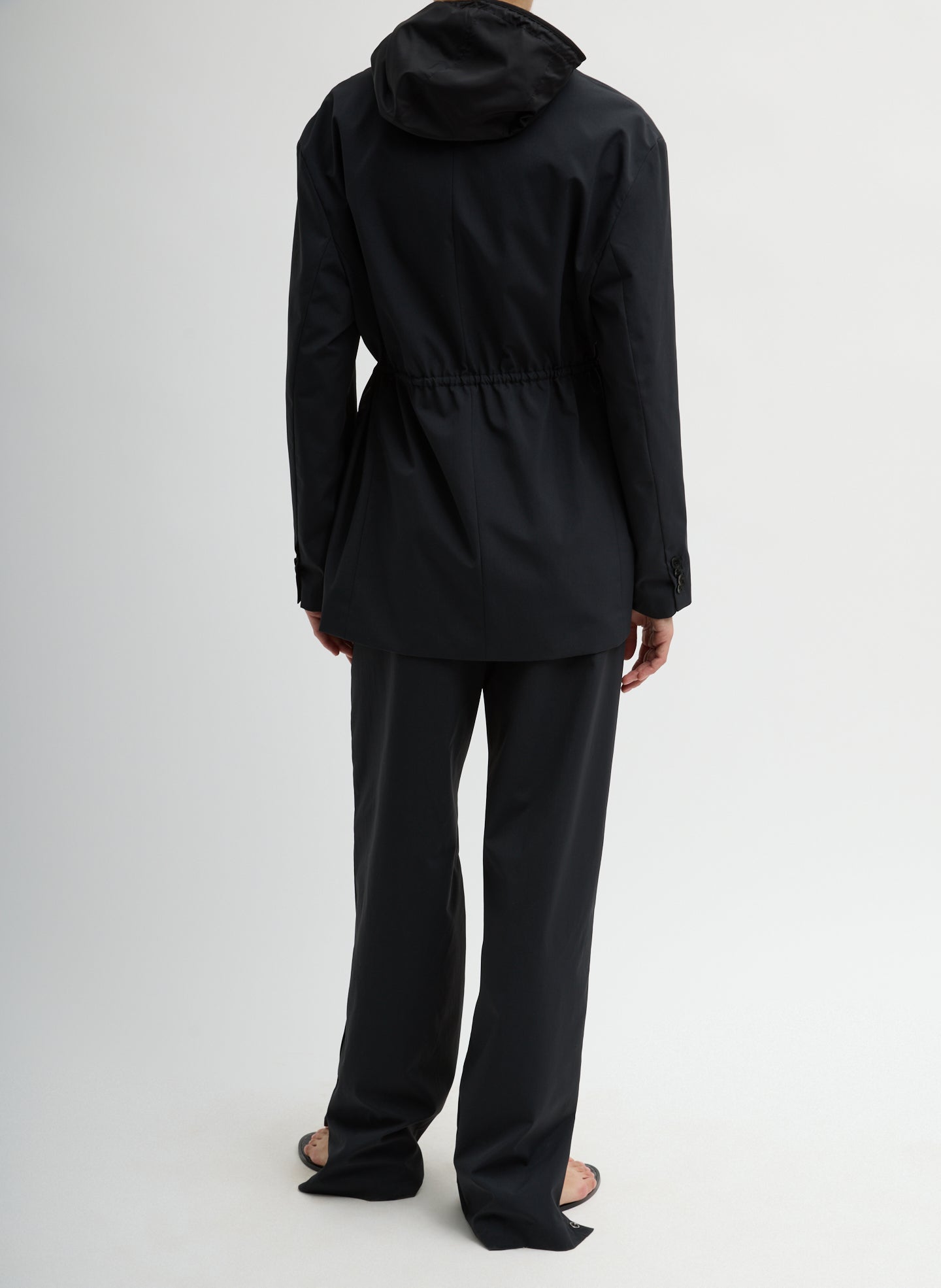 Black Tech Suiting Anorak Blazer With Zip Off Vest - full look, back view on model