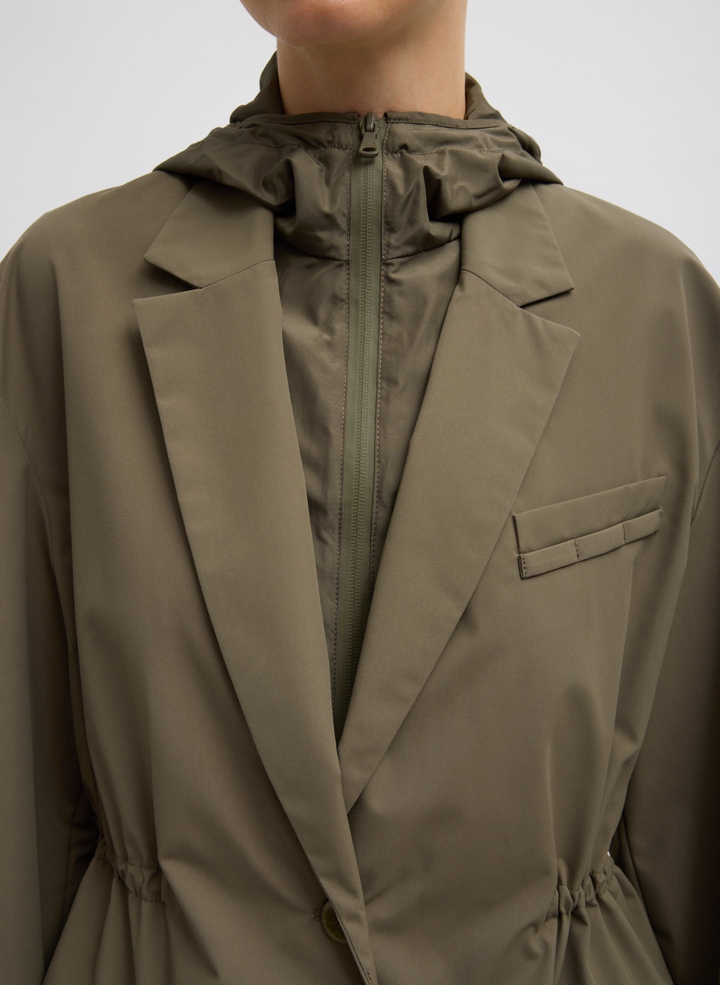 Dark Hazelnut Green Tech Suiting Anorak Blazer With Zip Off Vest - closeup of zip off vest