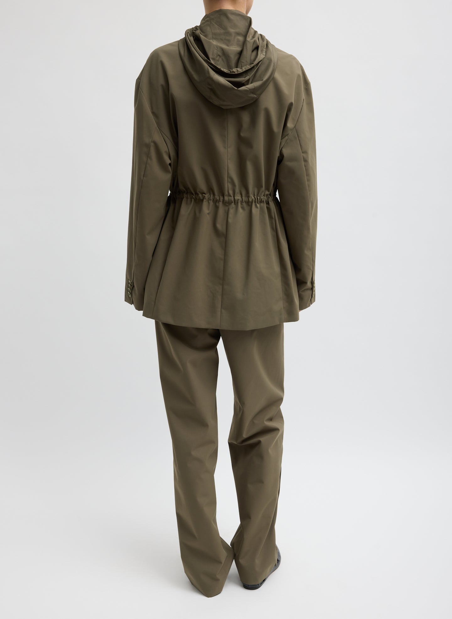 Dark Hazelnut Green Tech Suiting Anorak Blazer With Zip Off Vest - back view on model