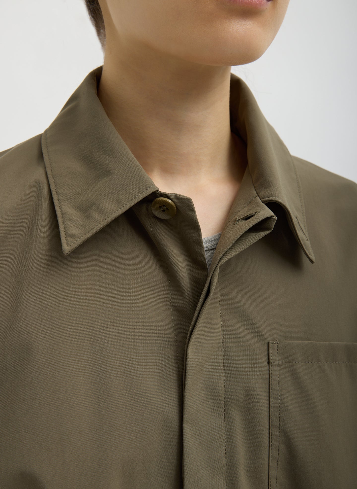 Dark Hazelnut Green Tech Suiting Anorak Bomber - closeup of collar