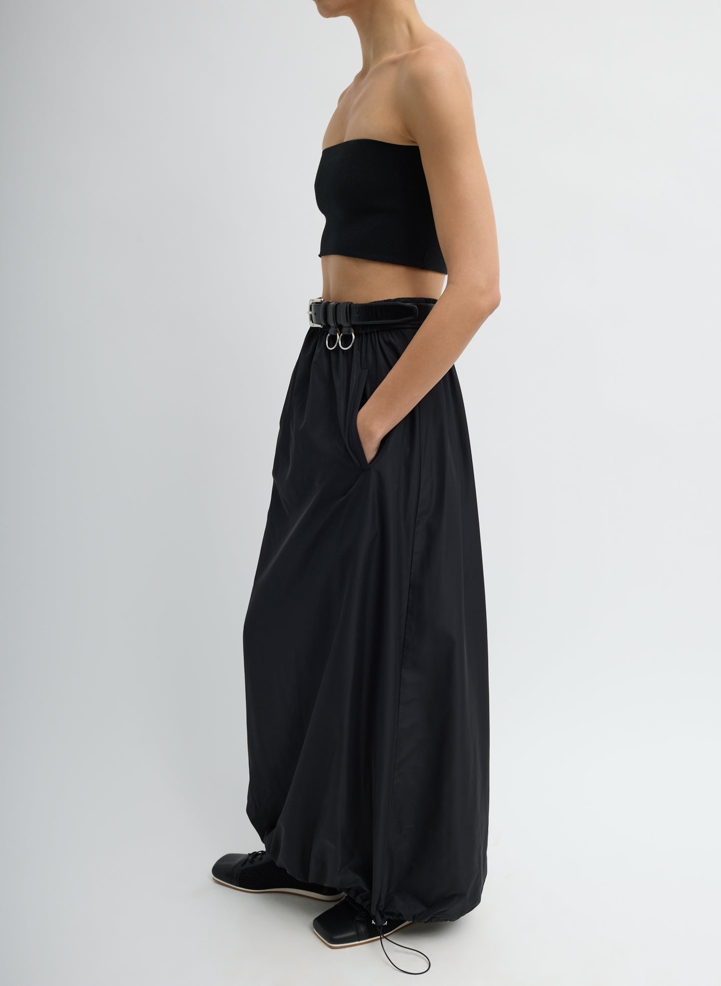 Black Italian Sporty Nylon Maxi Anorak Skirt - full look, side view on model