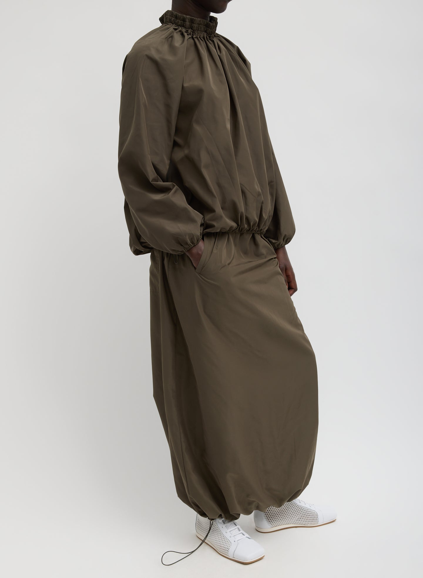 Dark Hazelnut Green Italian Sporty Nylon Maxi Anorak Skirt - full look, side view on model