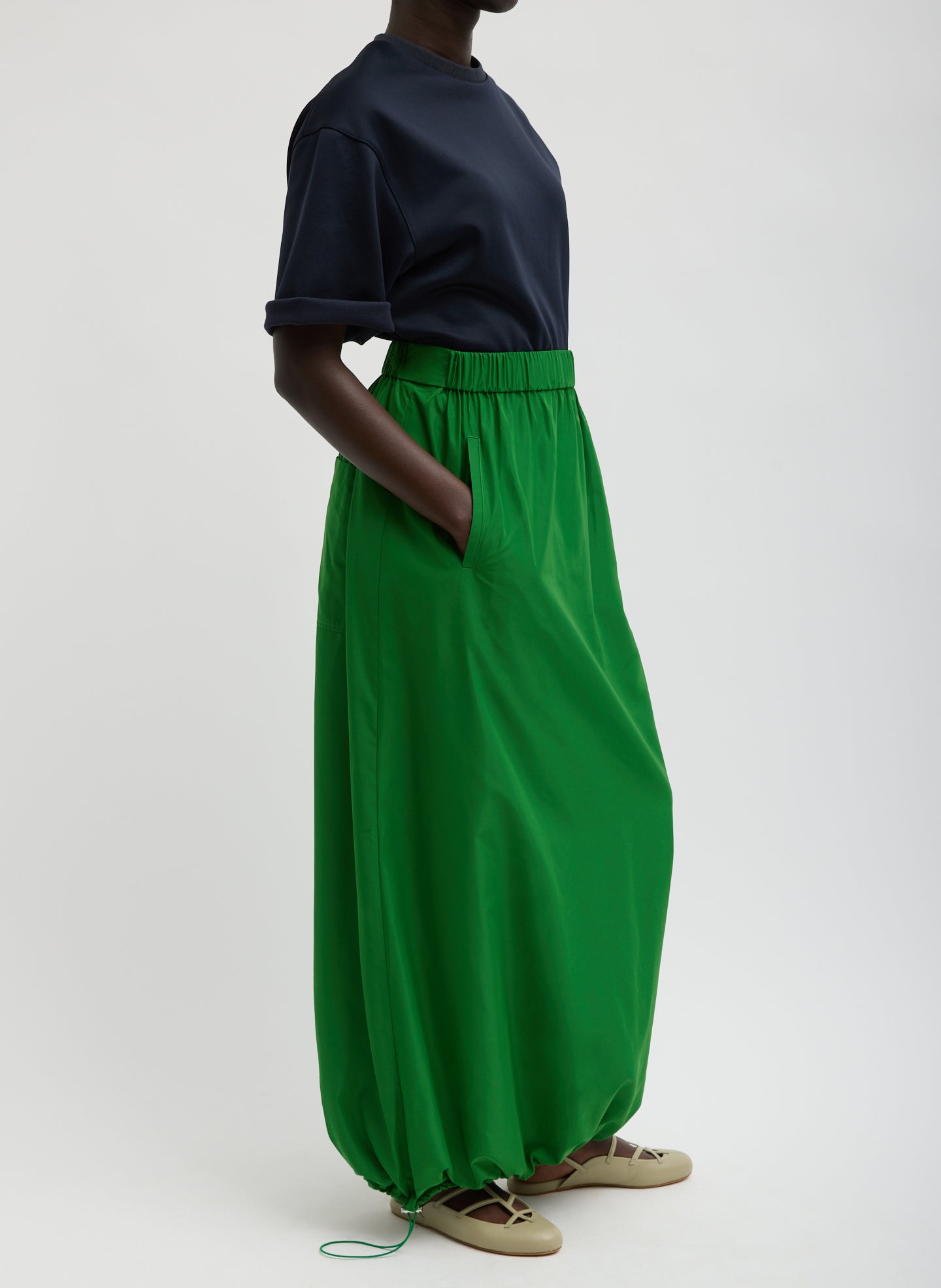 Bright Green Italian Sporty Nylon Maxi Anorak Skirt - full look, side view on model
