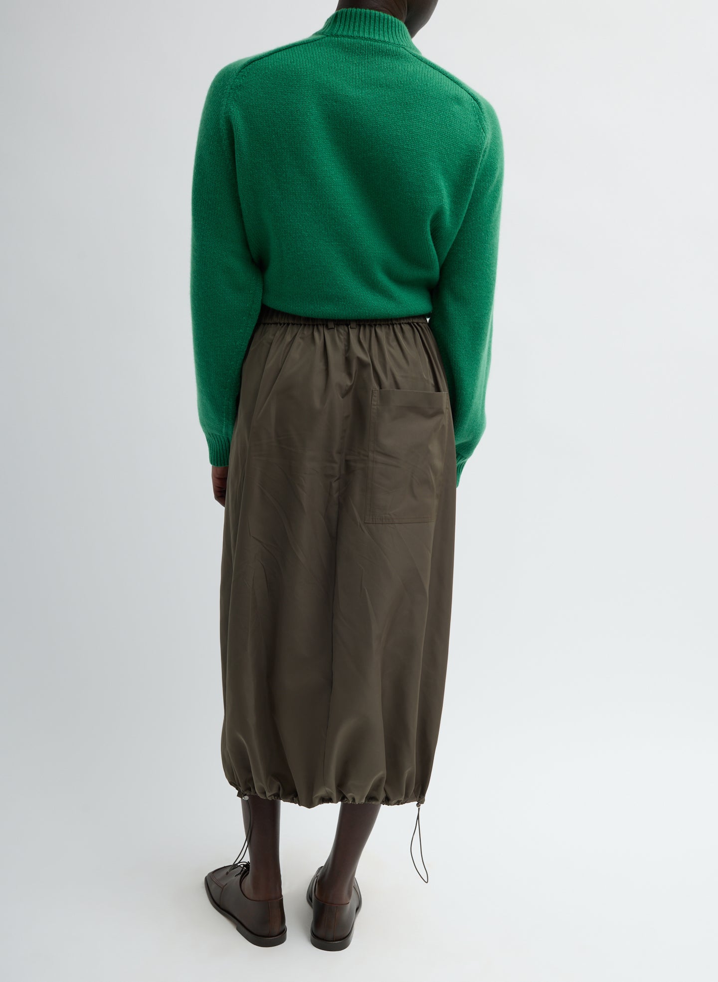 Dark Hazelnut Green Italian Sporty Nylon Midi Anorak Skirt - full look, back view on model
