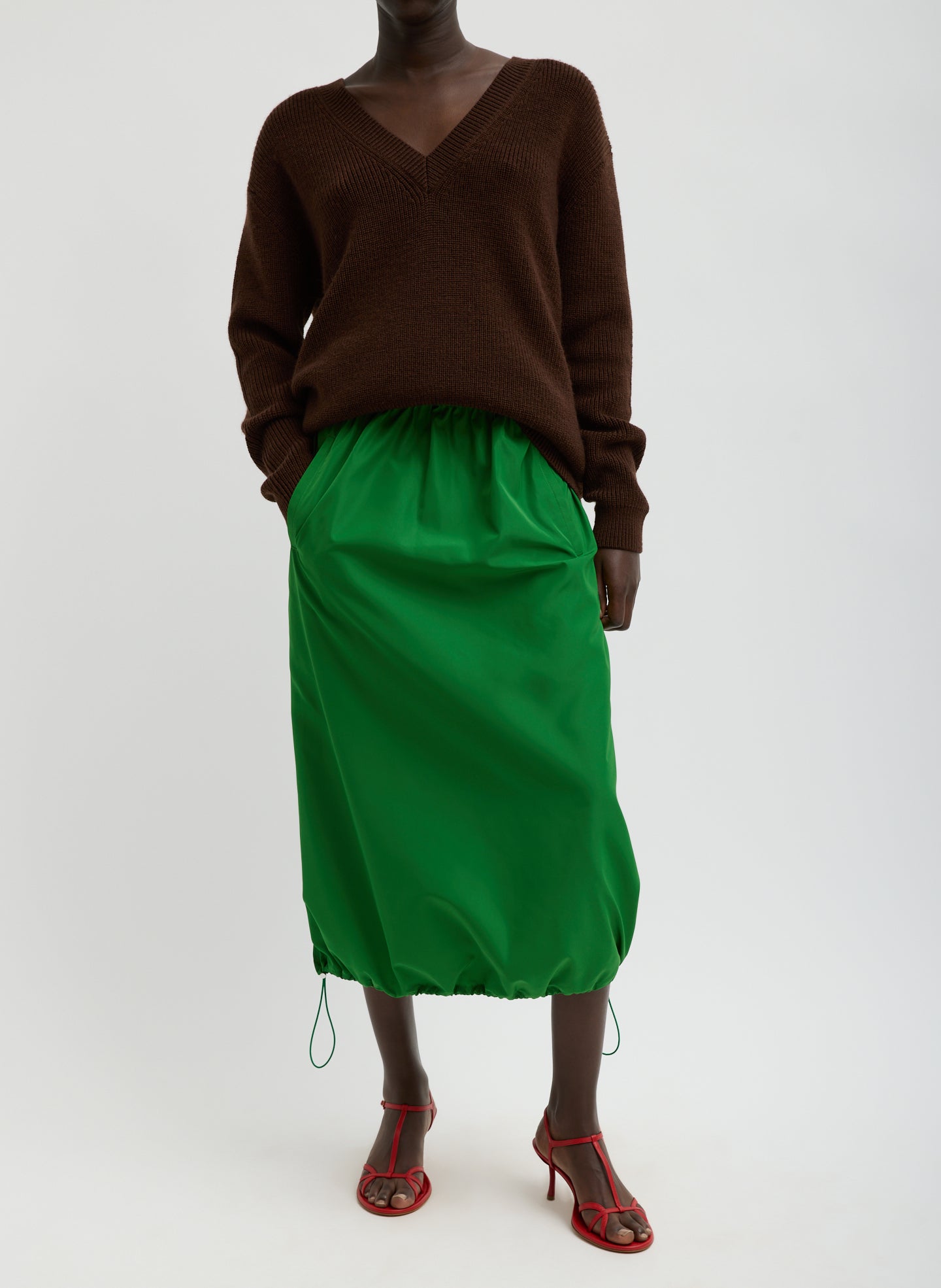 Bright Green Italian Sporty Nylon Midi Anorak Skirt - full look, front view on model