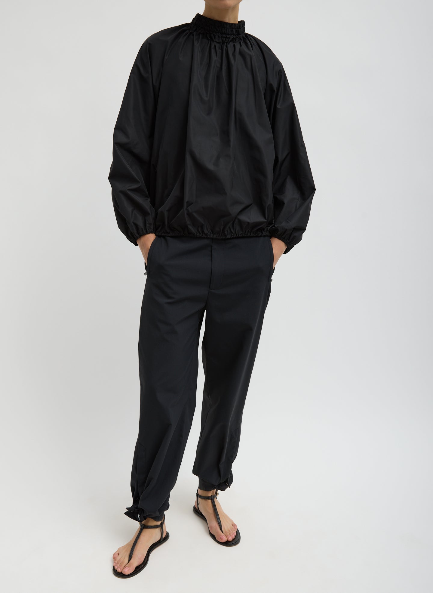 Black Italian Sporty Nylon Shirred Anorak Top - full look, front view on model